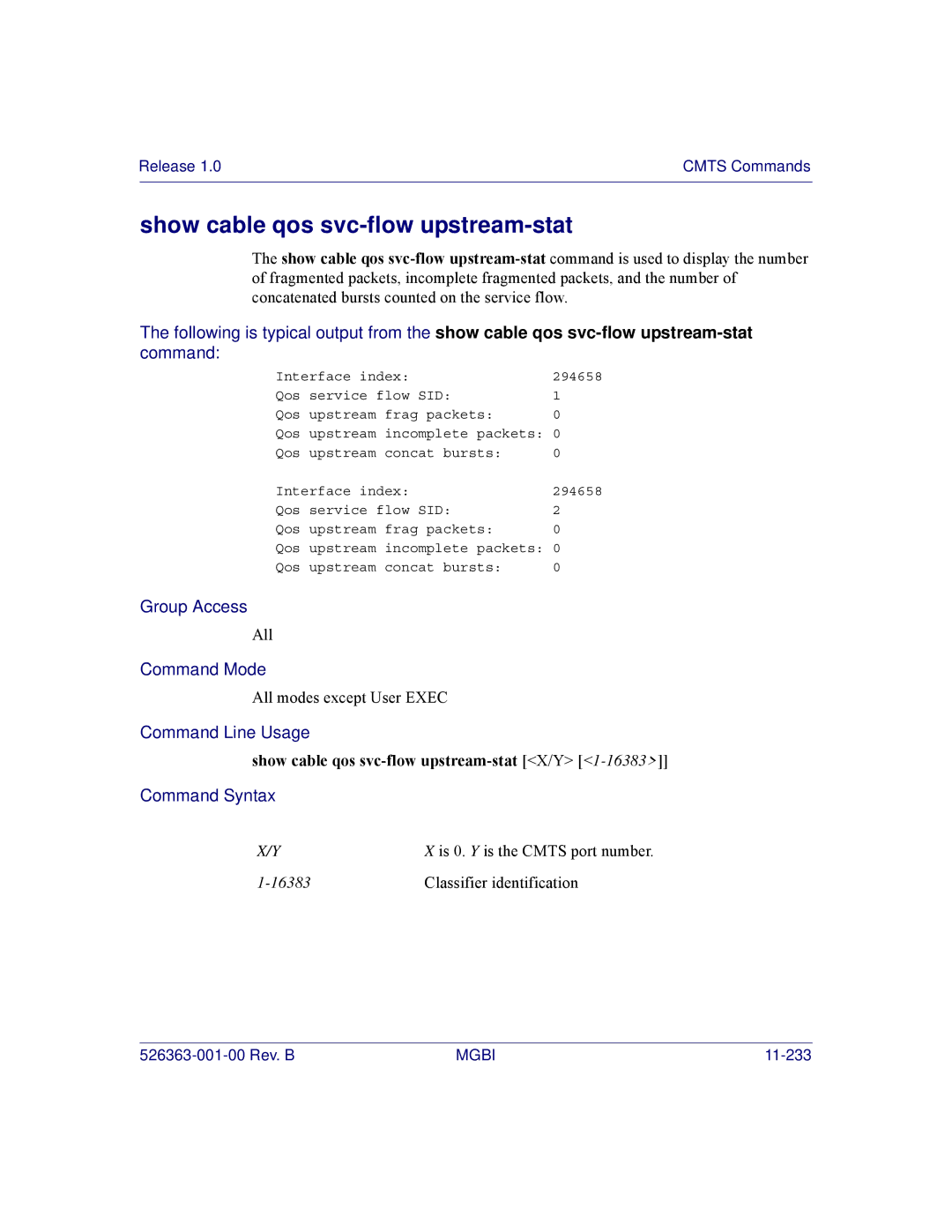 Motorola BSR 2000 manual Show cable qos svc-flow upstream-stat X/Y 