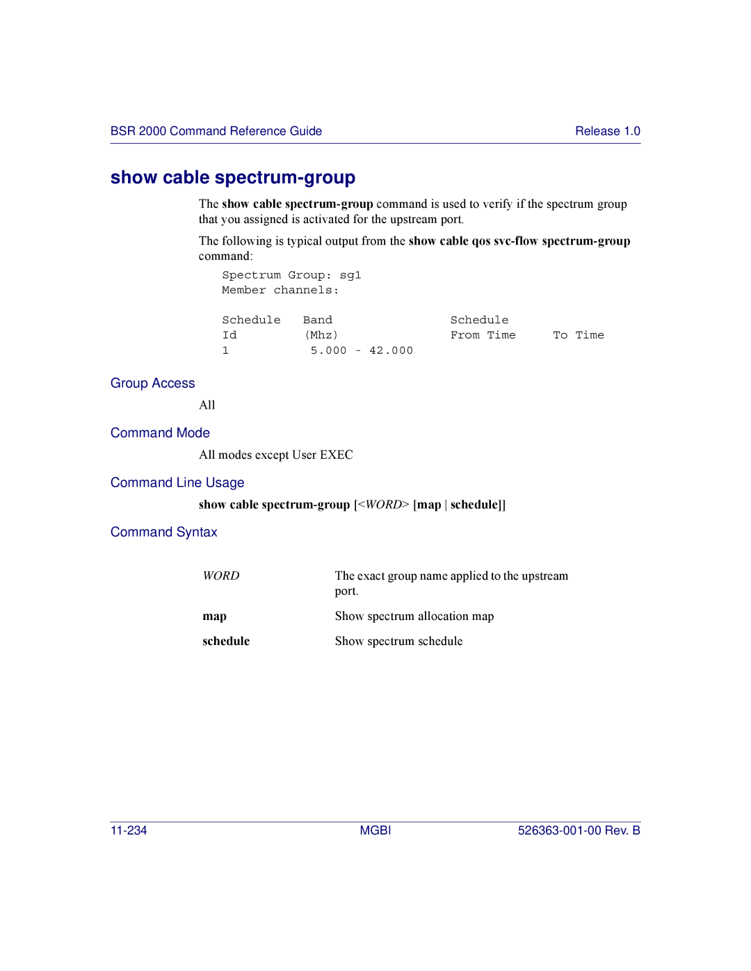 Motorola BSR 2000 manual Show cable spectrum-group Word map schedule, Map, Schedule 