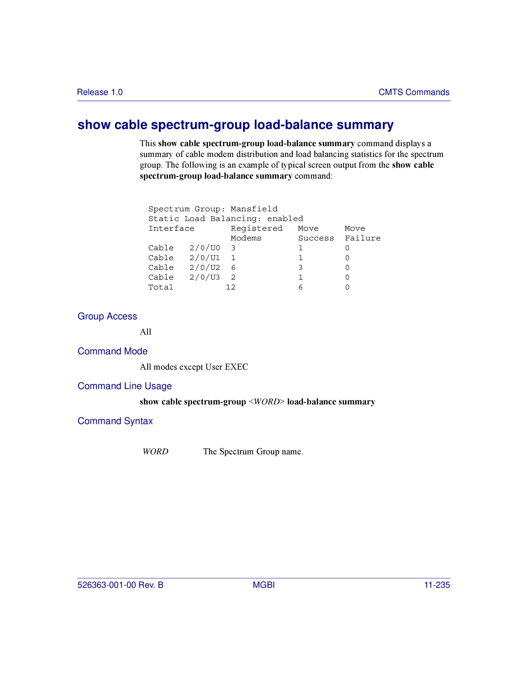 Motorola BSR 2000 Show cable spectrum-group load-balance summary, Show cable spectrum-group Word load-balance summary 