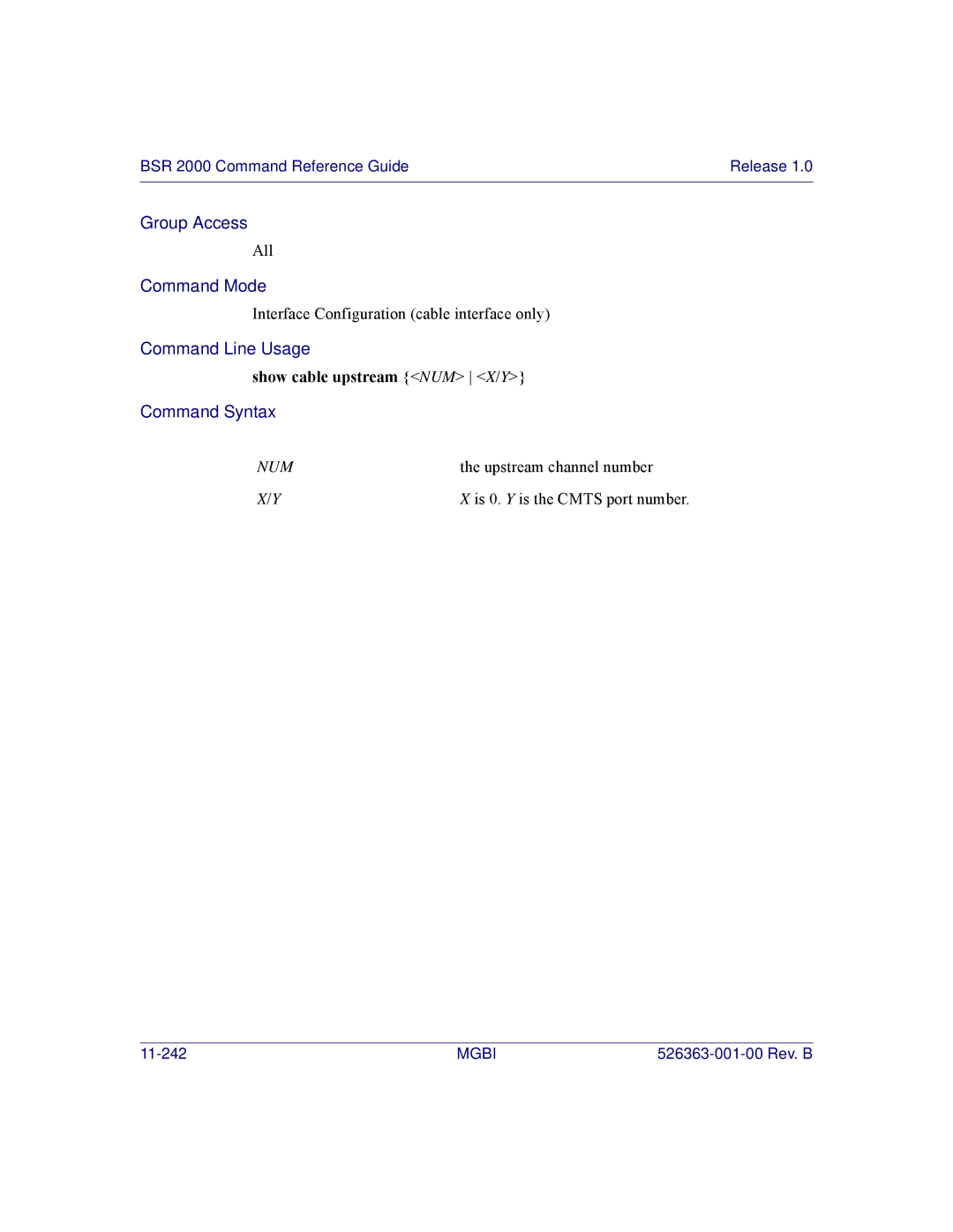 Motorola BSR 2000 manual Show cable upstream NUM X/Y 