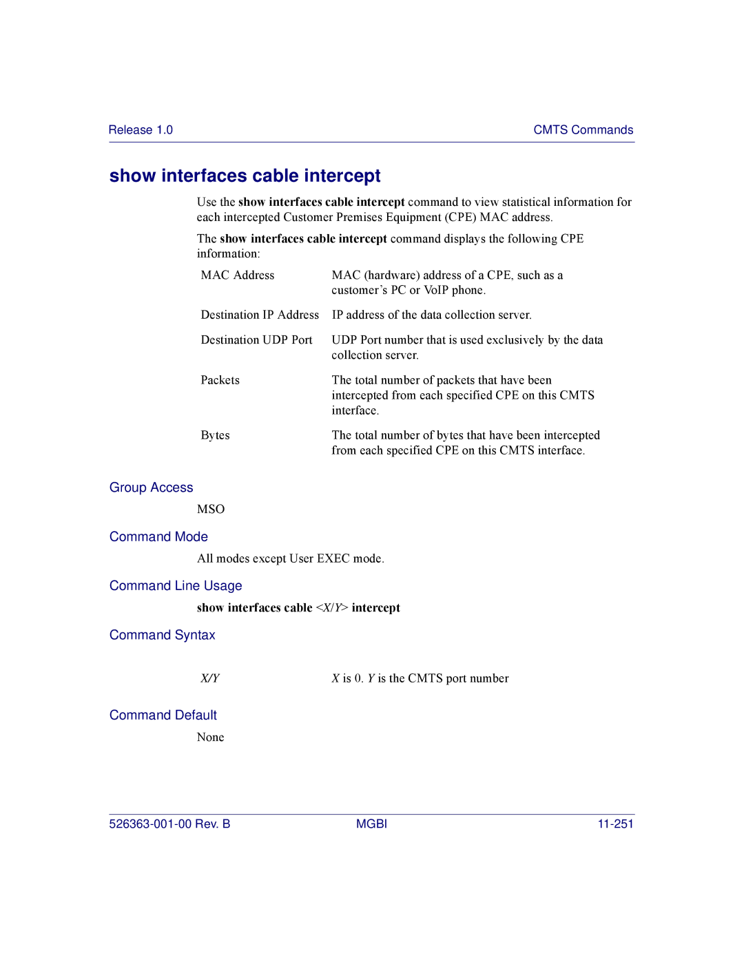 Motorola BSR 2000 manual Show interfaces cable intercept, Show interfaces cable X/Y intercept 