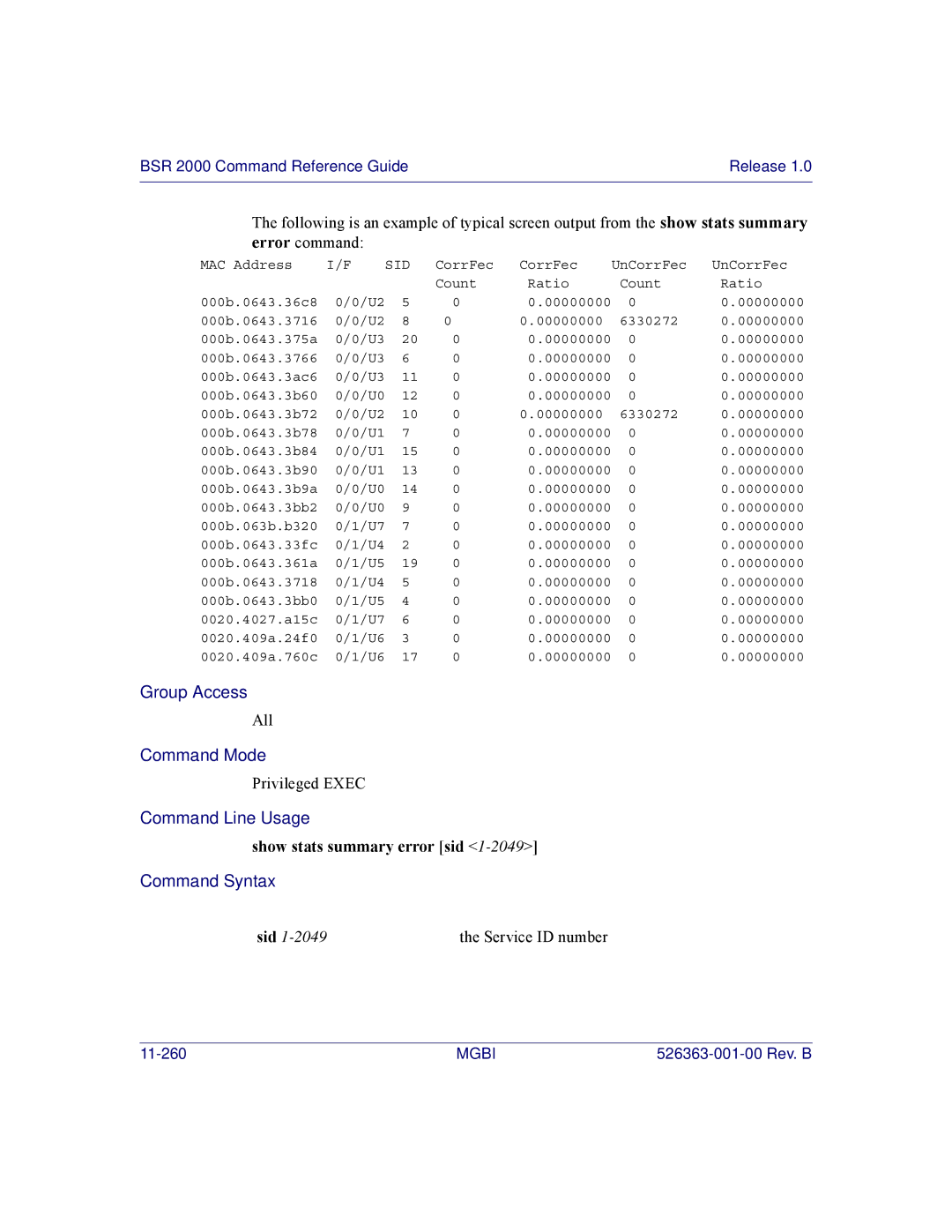 Motorola BSR 2000 manual Show stats summary error sid, Sid 