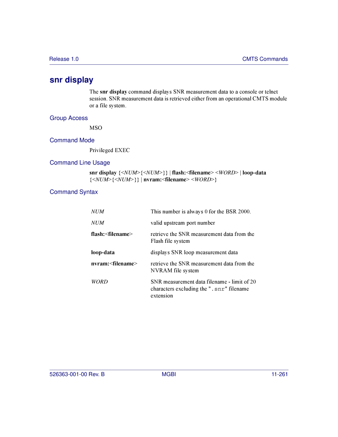 Motorola BSR 2000 manual Snr display Numnum flashfilename Word loop-data, Flash filename, Loop-data, Nvram filename 