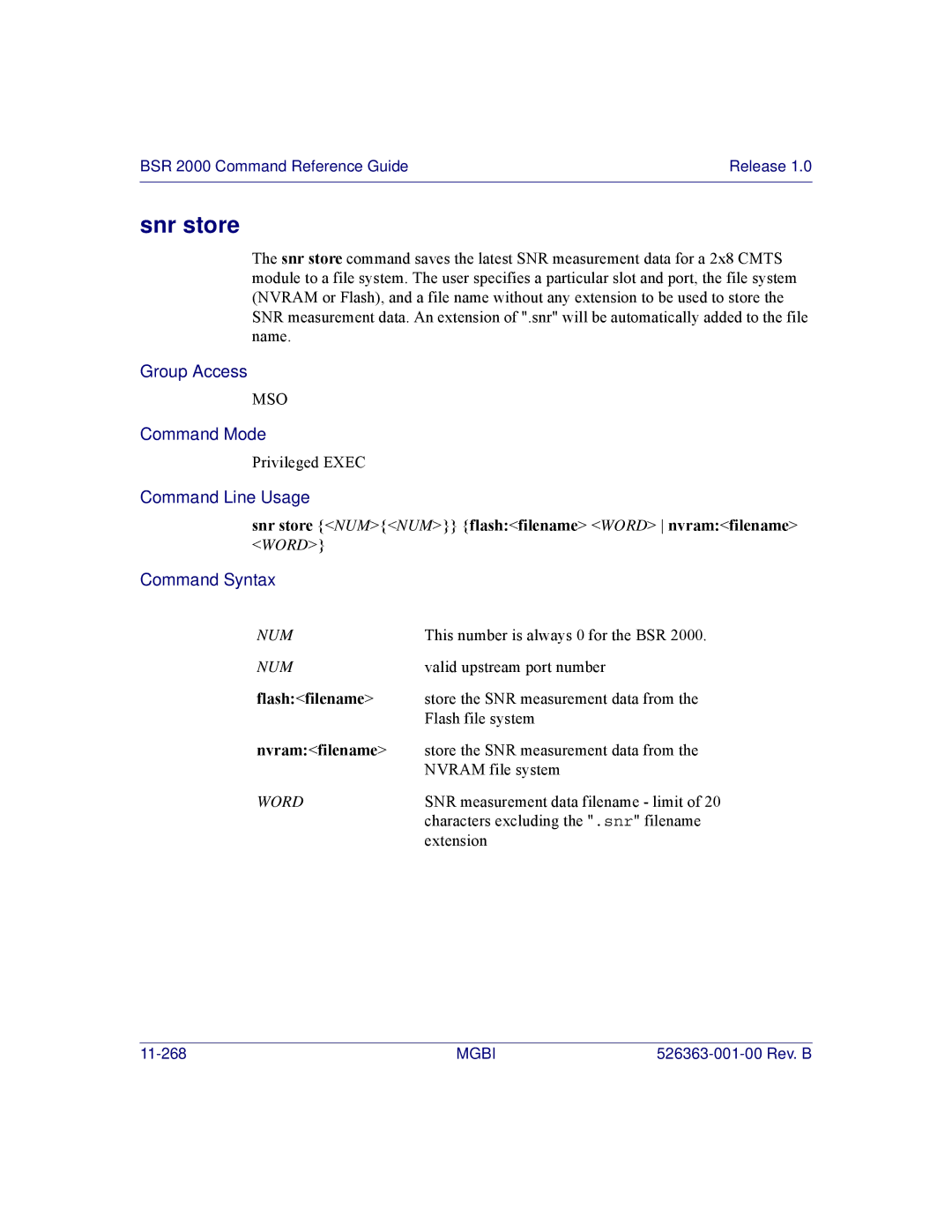 Motorola BSR 2000 manual Snr store Numnum flashfilename Word nvramfilename Word 