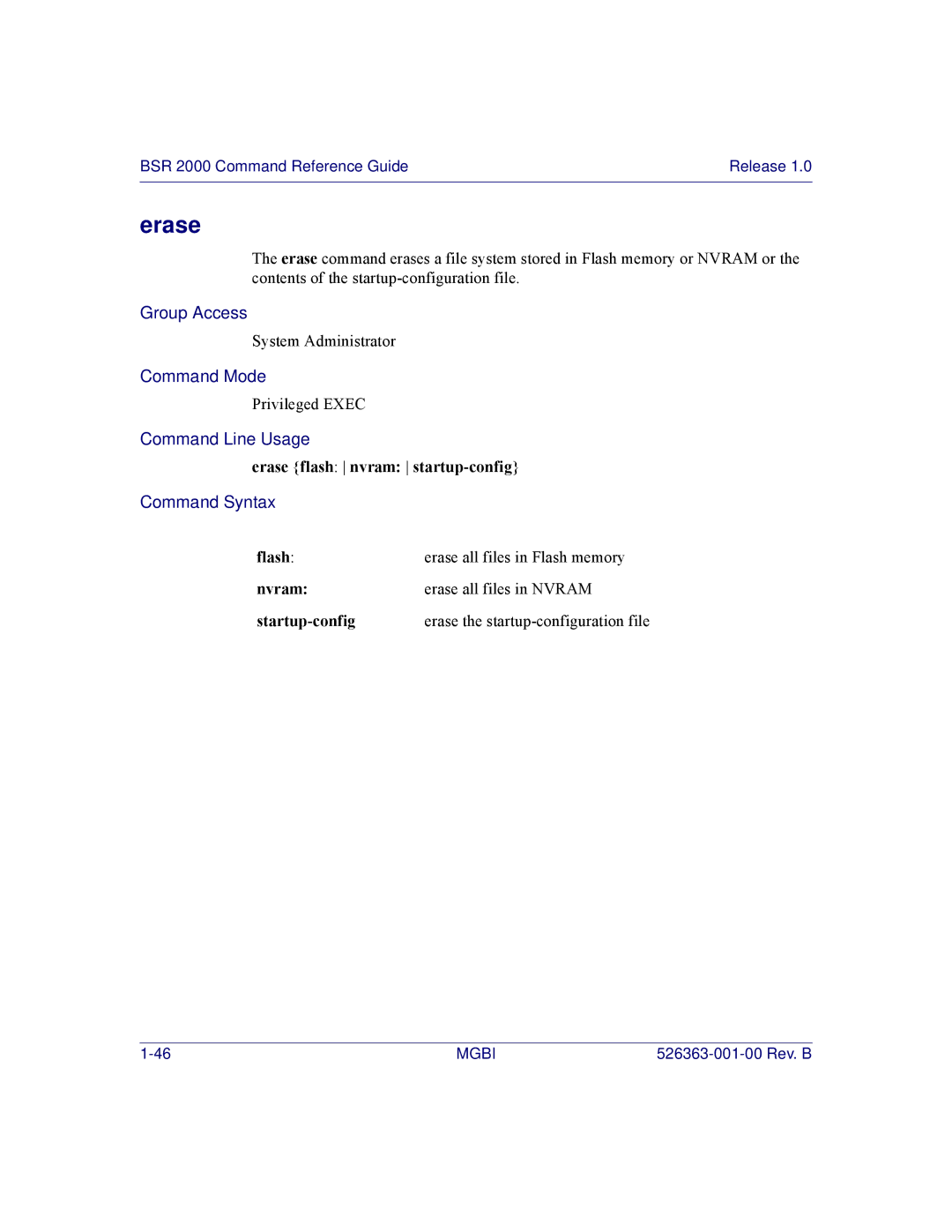 Motorola BSR 2000 manual Erase flash nvram startup-config 