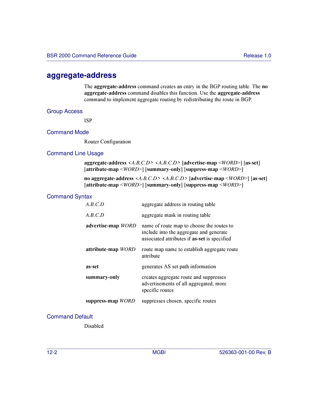 Motorola BSR 2000 manual Aggregate-address 