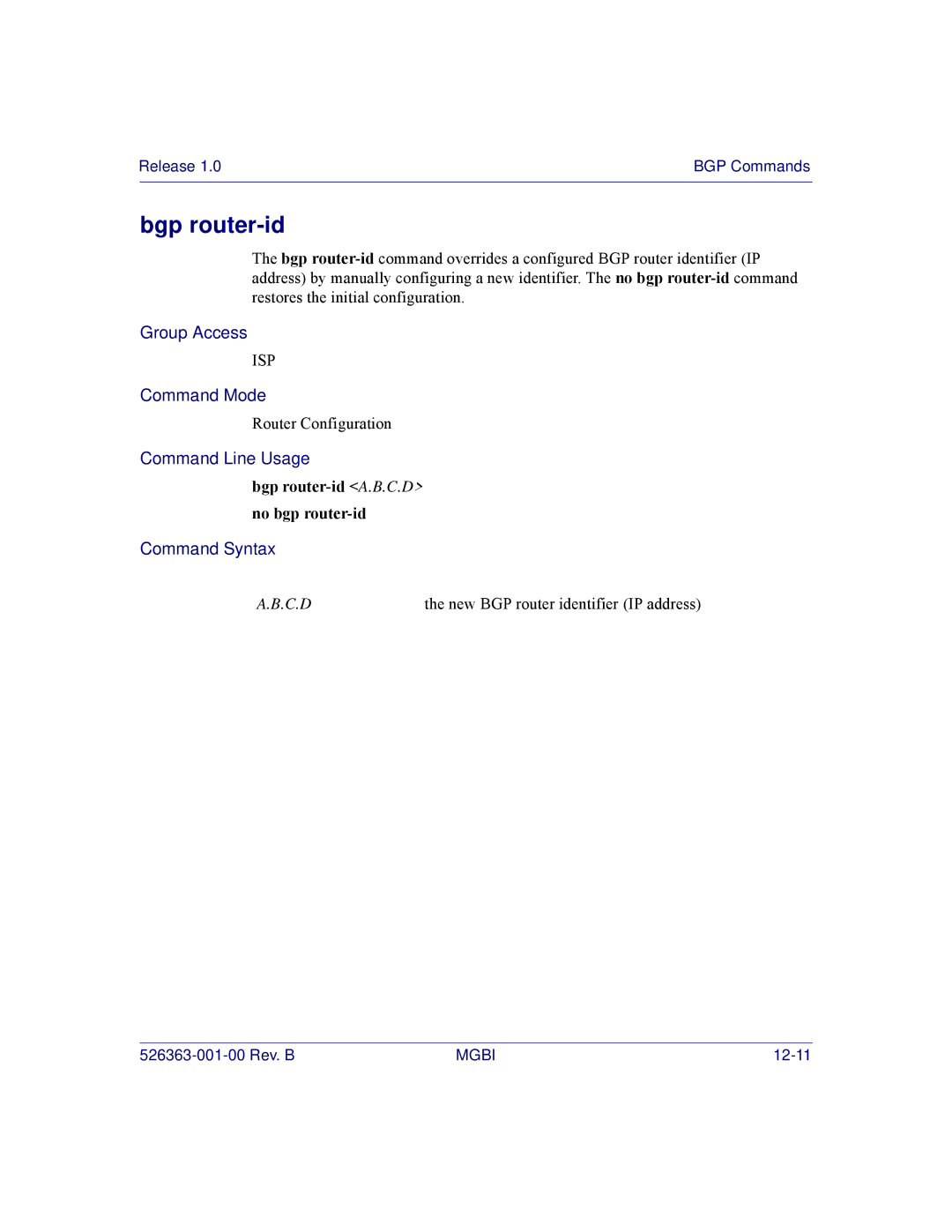 Motorola BSR 2000 manual Bgp router-id A.B.C.D no bgp router-id 