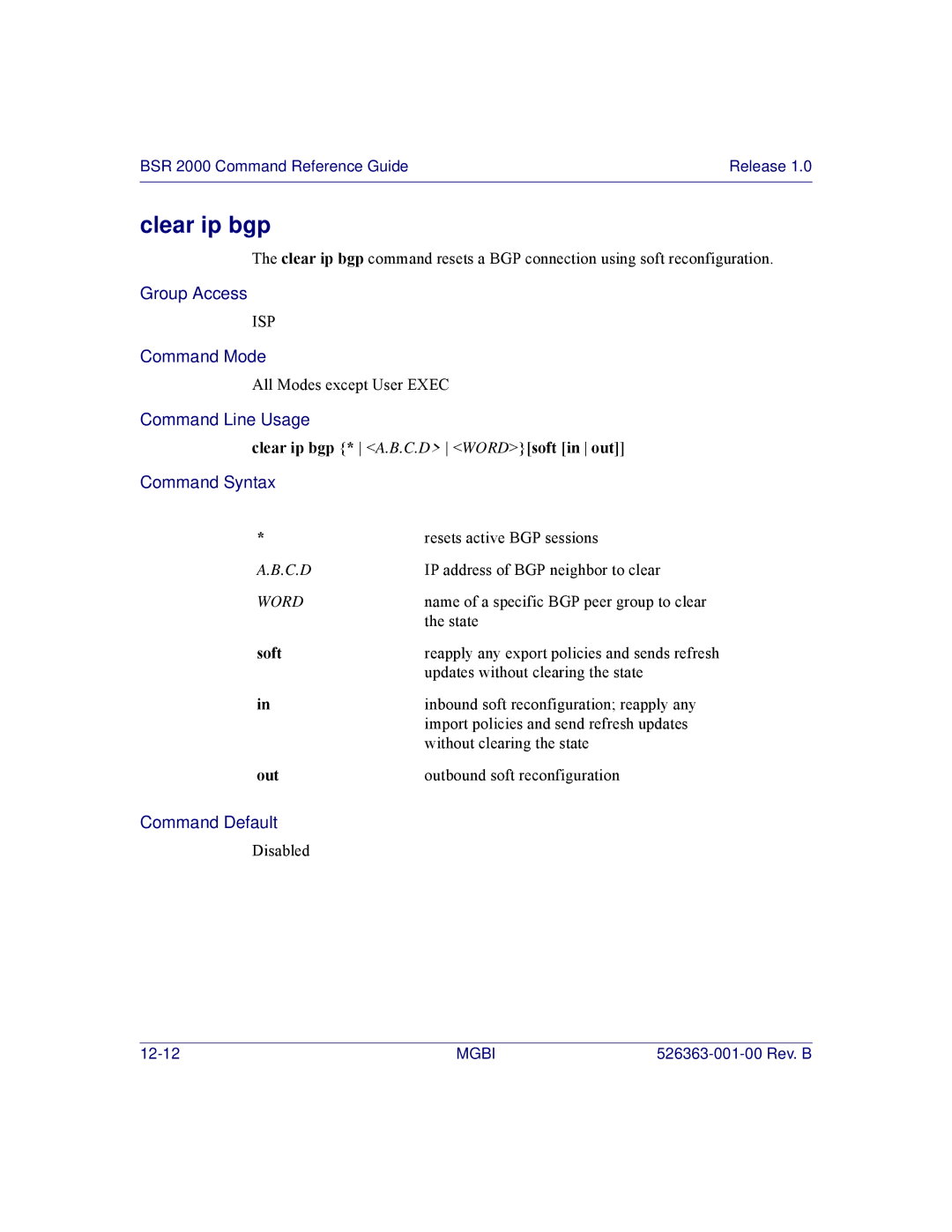 Motorola BSR 2000 manual Clear ip bgp * A.B.C.D WORDsoft in out, Soft 