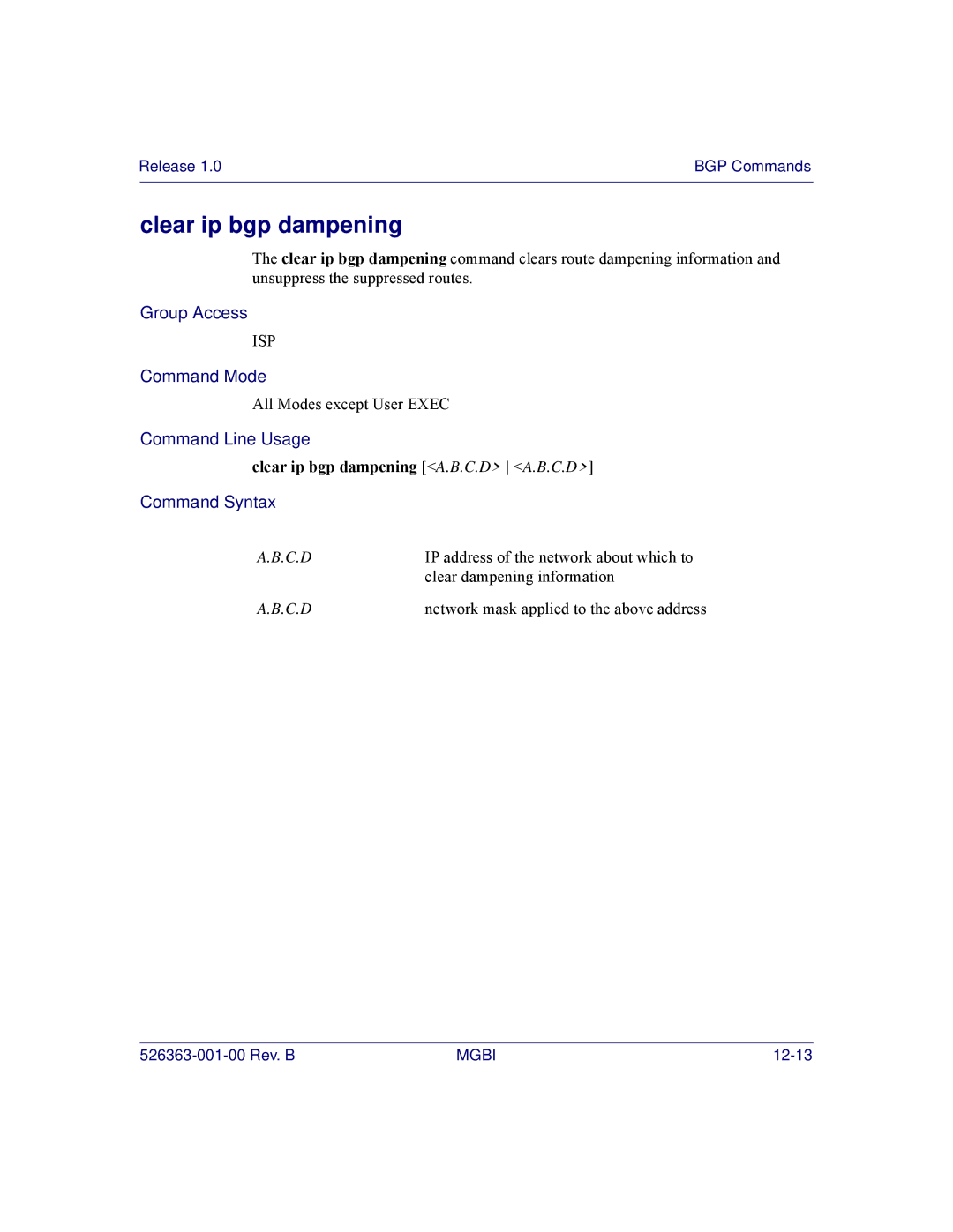 Motorola BSR 2000 manual Clear ip bgp dampening A.B.C.D A.B.C.D 