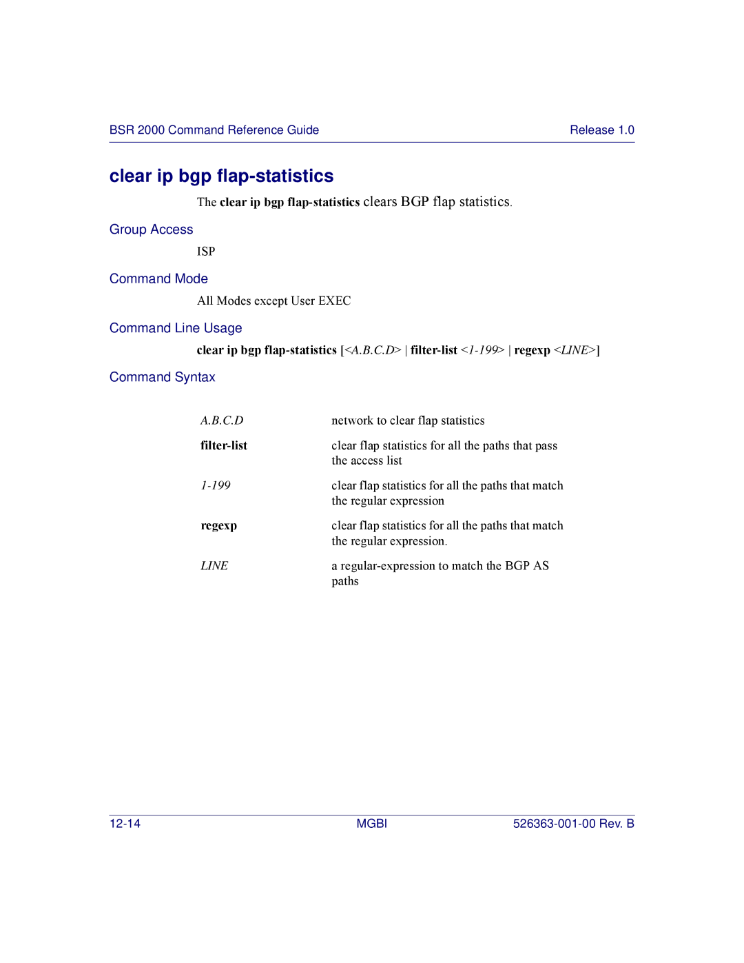 Motorola BSR 2000 manual Clear ip bgp flap-statistics clears BGP flap statistics, Filter-list, Regexp 