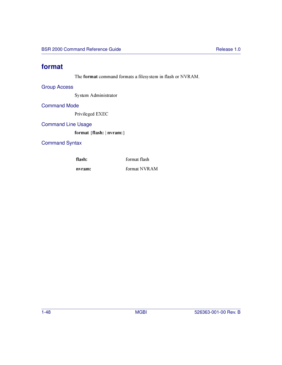 Motorola BSR 2000 manual Format flash nvram, Flash Format flash Nvram Format Nvram 