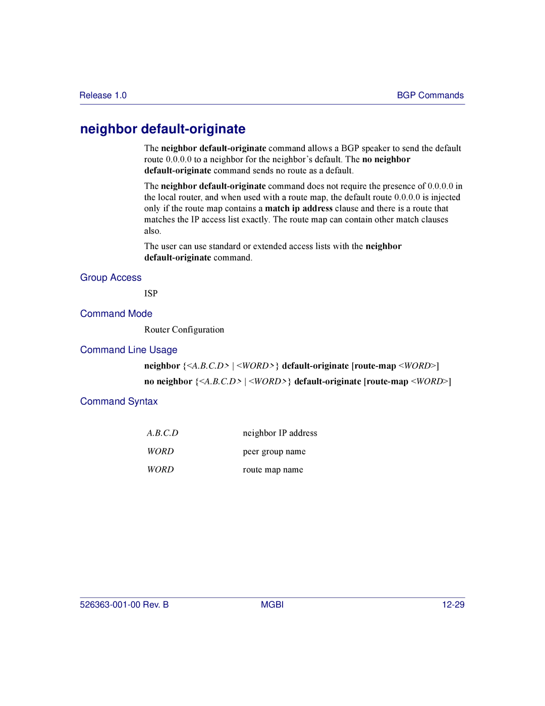 Motorola BSR 2000 manual Neighbor default-originate 