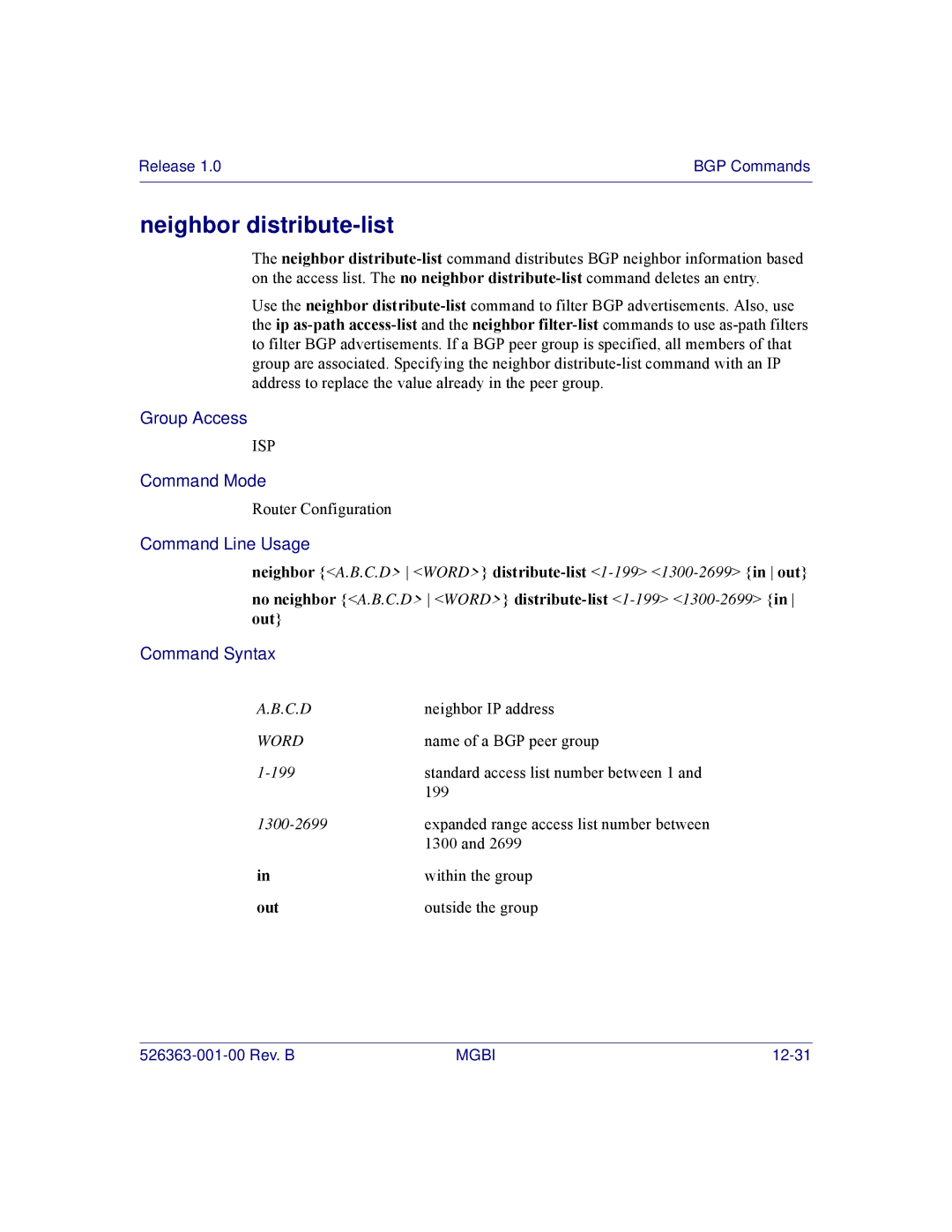 Motorola BSR 2000 manual Neighbor distribute-list, Out 