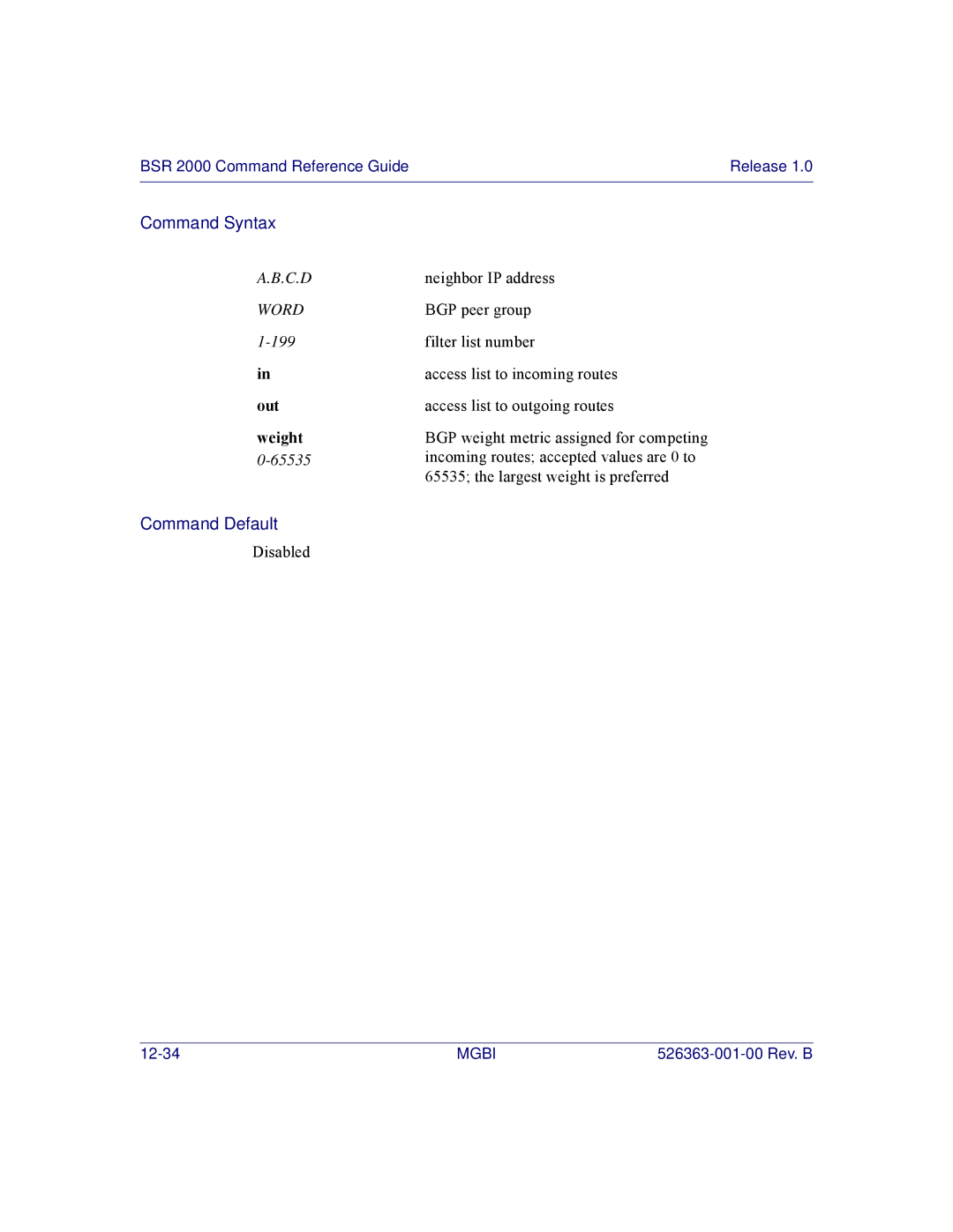 Motorola BSR 2000 manual Out, Weight 