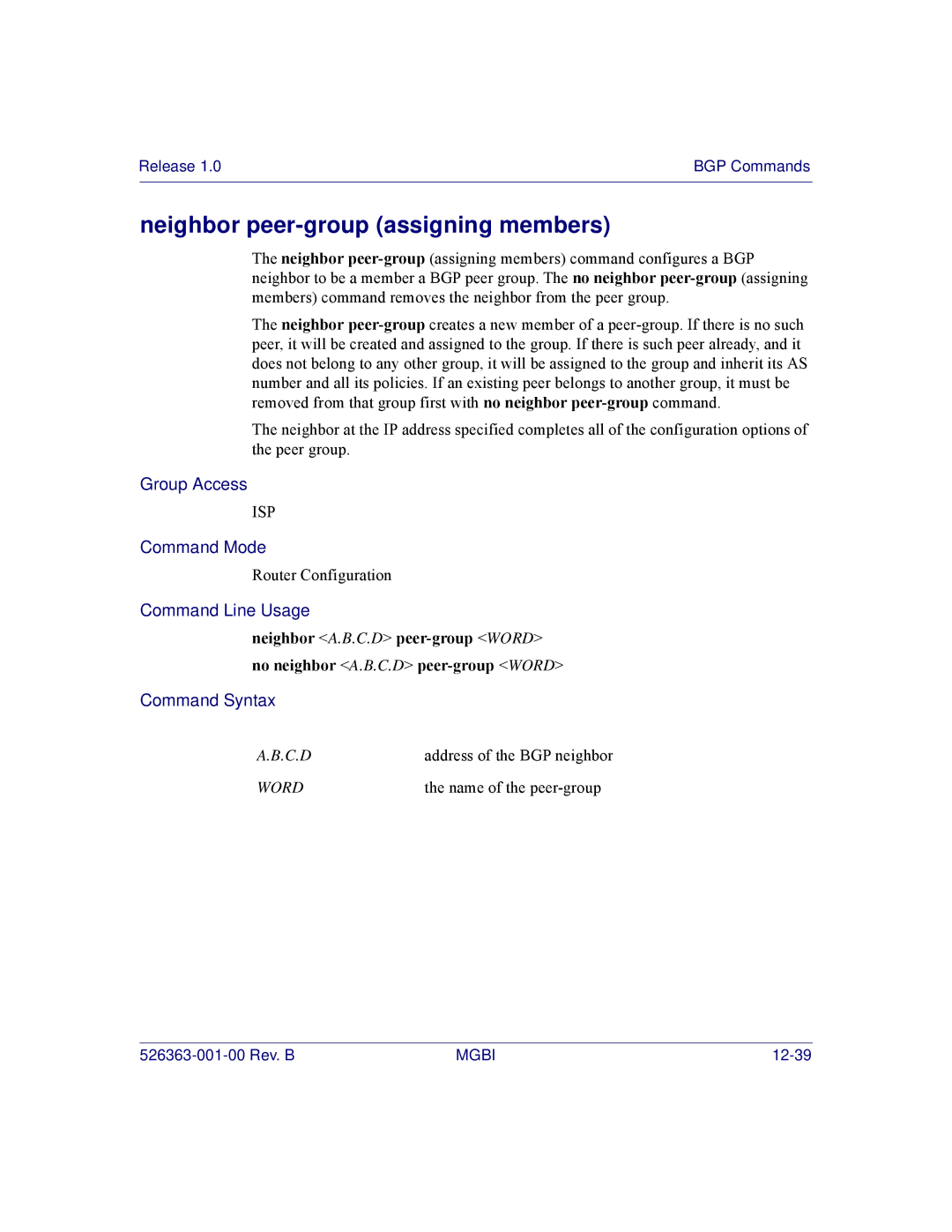 Motorola BSR 2000 manual Neighbor peer-group assigning members 