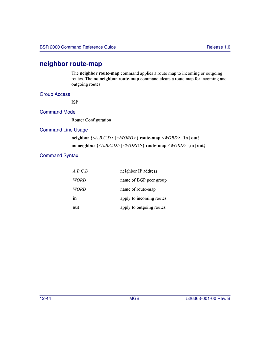 Motorola BSR 2000 manual Neighbor route-map, Out 