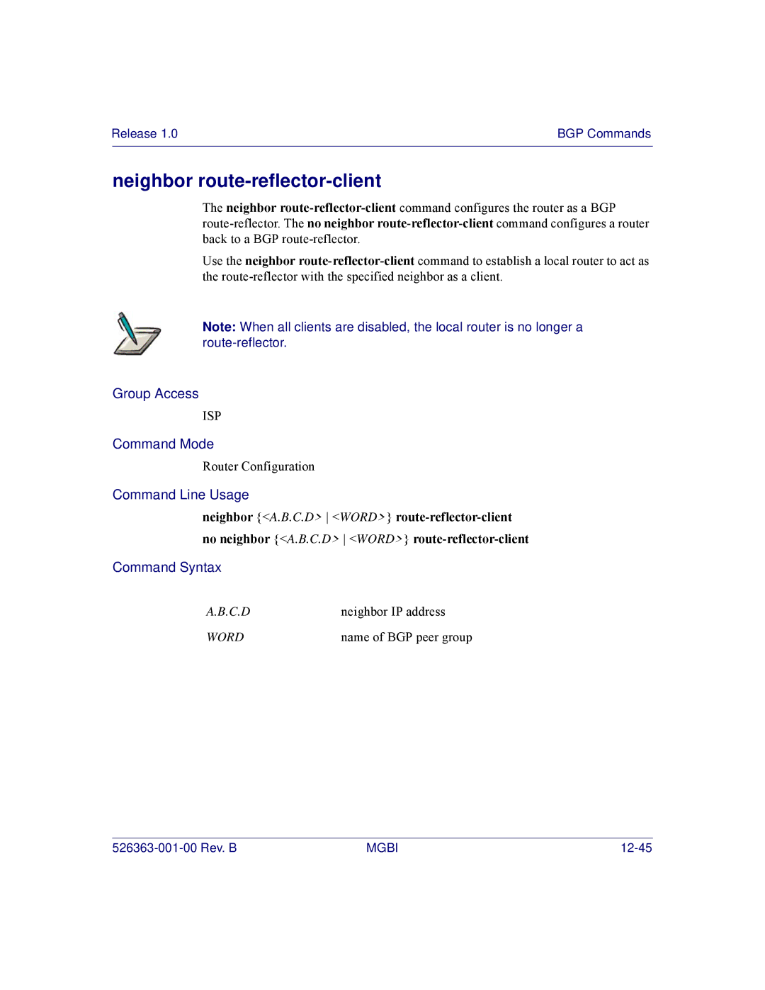 Motorola BSR 2000 manual Neighbor route-reflector-client 