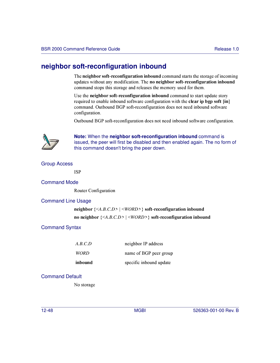 Motorola BSR 2000 manual Neighbor soft-reconfiguration inbound, Inbound 