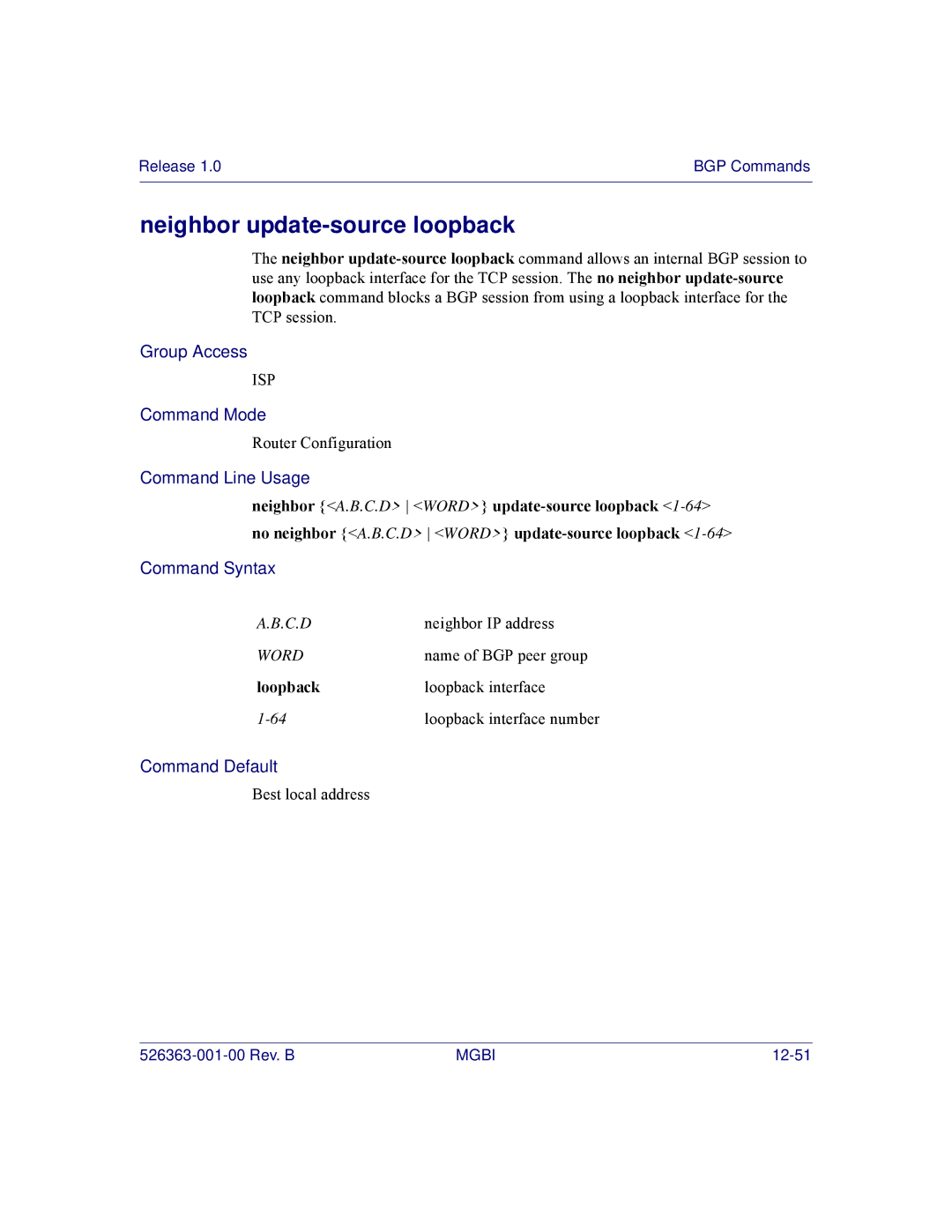 Motorola BSR 2000 manual Neighbor update-source loopback, Loopback 