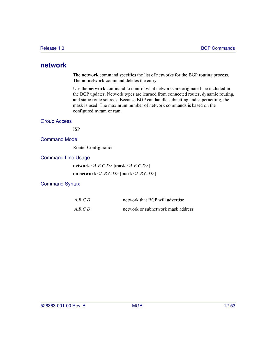 Motorola BSR 2000 manual Network that BGP will advertise 