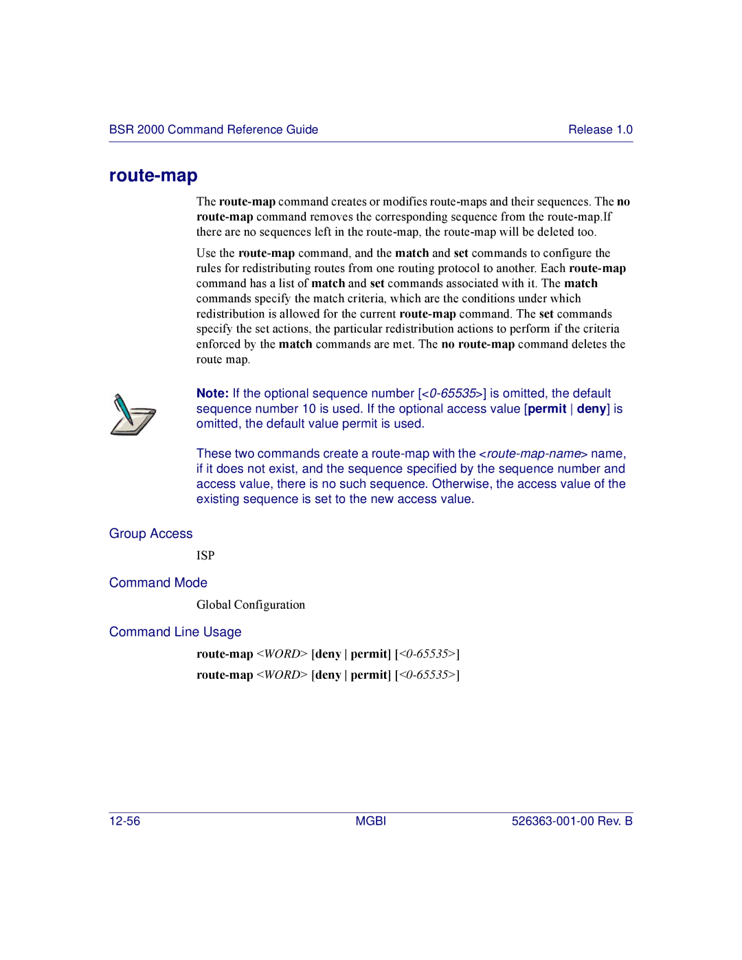 Motorola BSR 2000 manual Route-map Word deny permit 0-65535route-map Word deny permit 