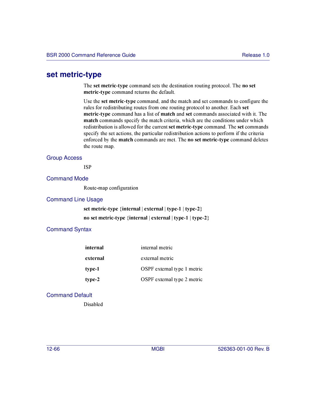 Motorola BSR 2000 manual Set metric-type, Internal Internal metric External External metric Type-1 