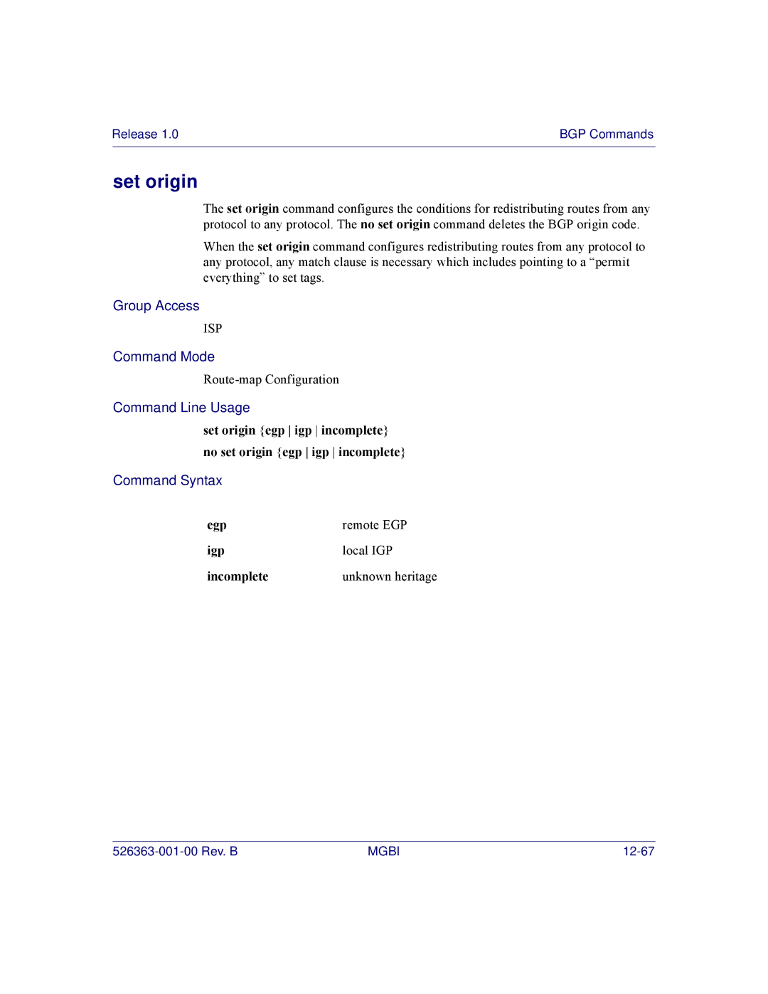 Motorola BSR 2000 manual Set origin, Egp Remote EGP Igp Local IGP Incomplete Unknown heritage 