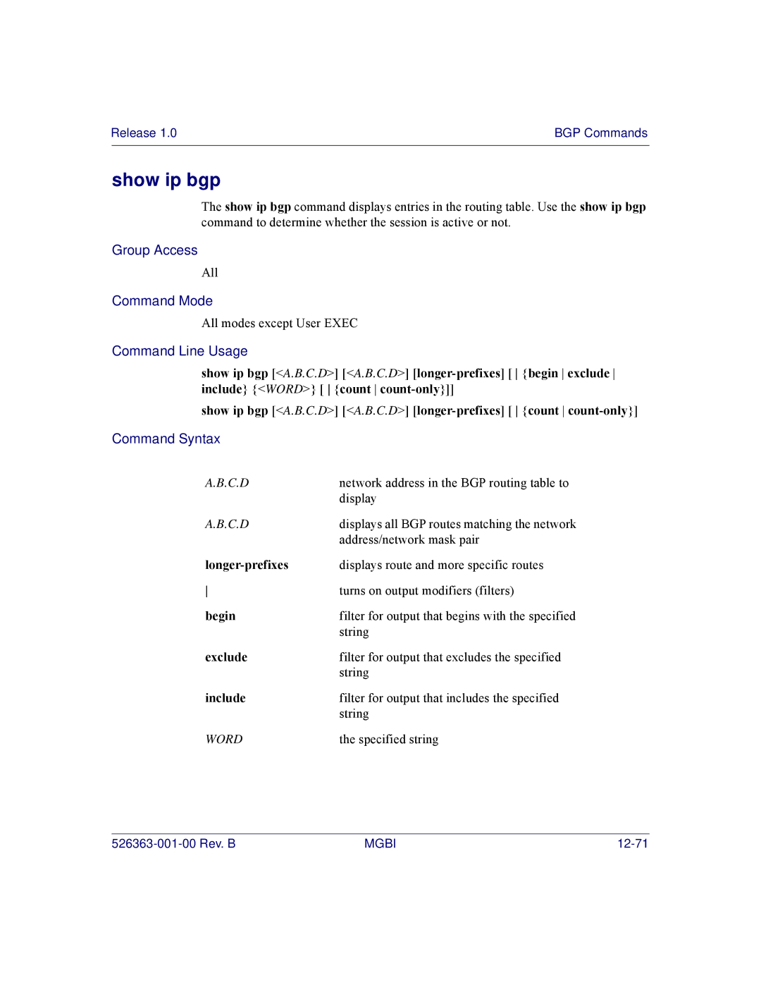 Motorola BSR 2000 manual Show ip bgp, Longer-prefixes 