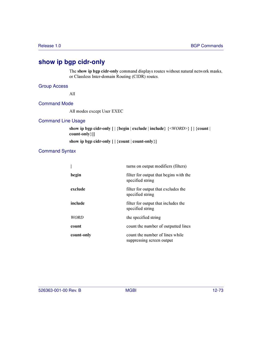 Motorola BSR 2000 manual Show ip bgp cidr-only, Begin 