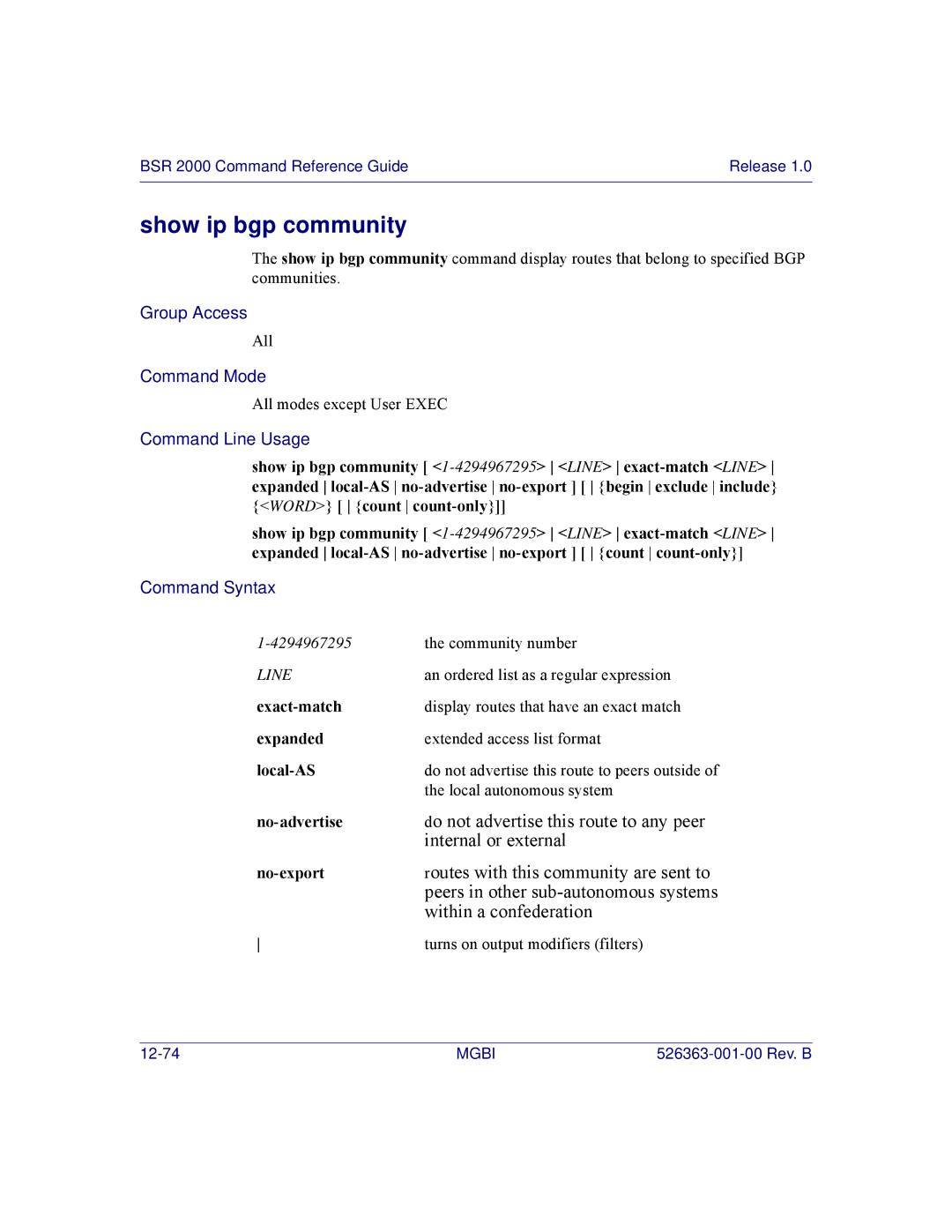 Motorola BSR 2000 manual Show ip bgp community, Expanded 