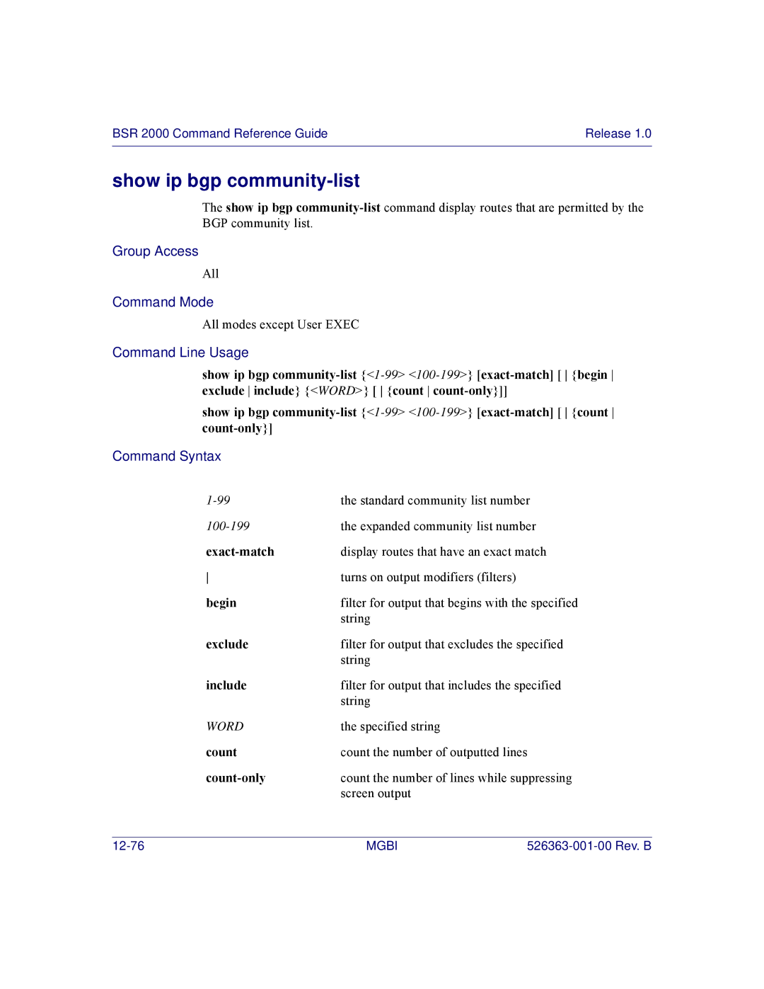 Motorola BSR 2000 manual Show ip bgp community-list, Begin 