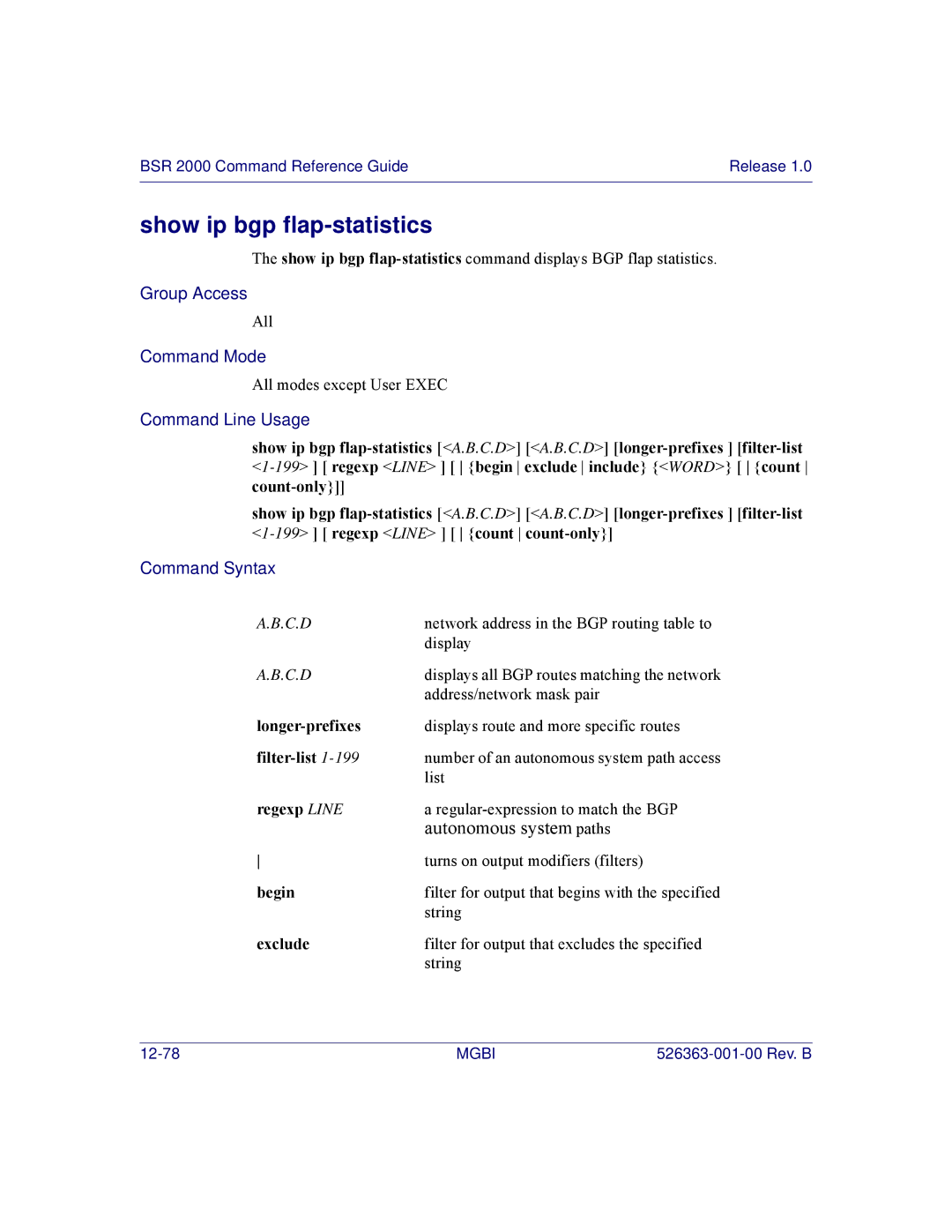 Motorola BSR 2000 manual Show ip bgp flap-statistics, Regexp Line 