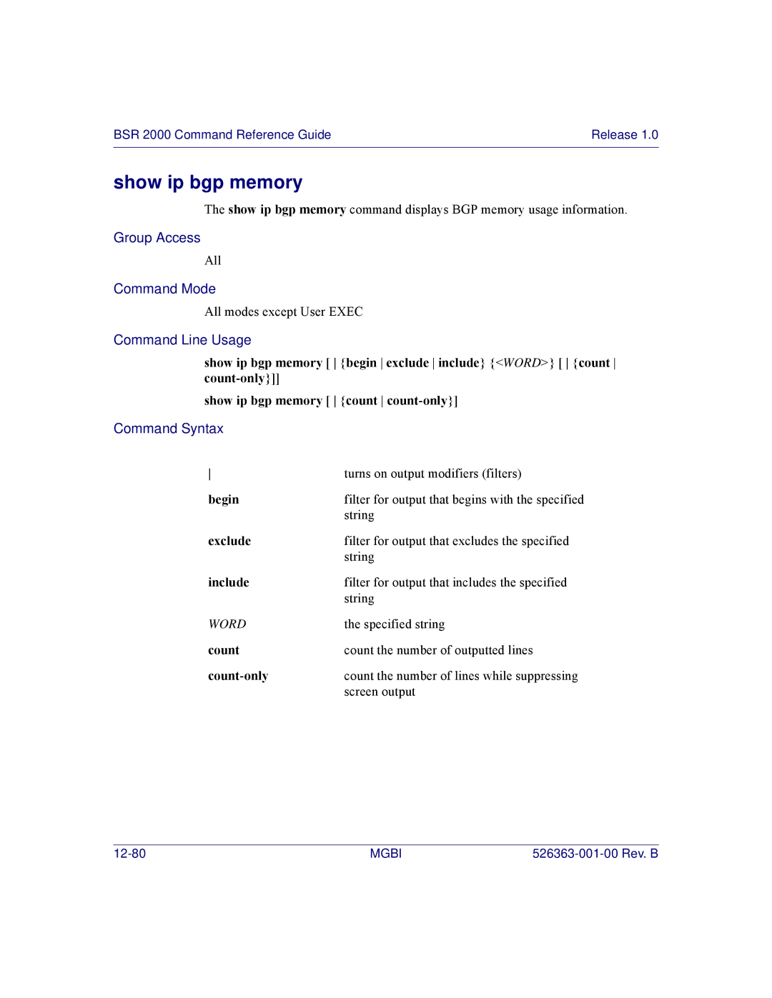 Motorola BSR 2000 manual Show ip bgp memory, Begin 