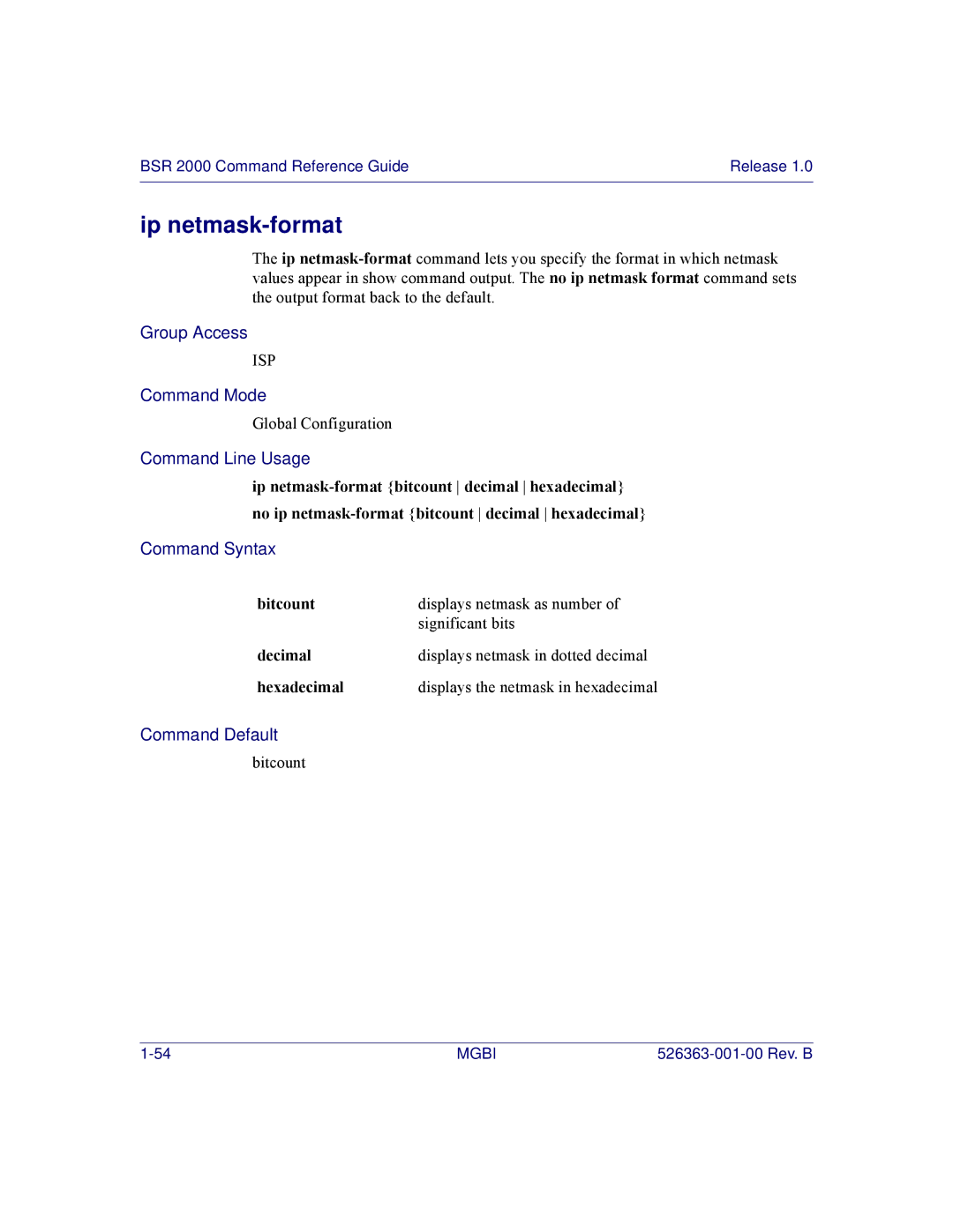 Motorola BSR 2000 manual Ip netmask-format, Bitcount, Decimal, Hexadecimal 