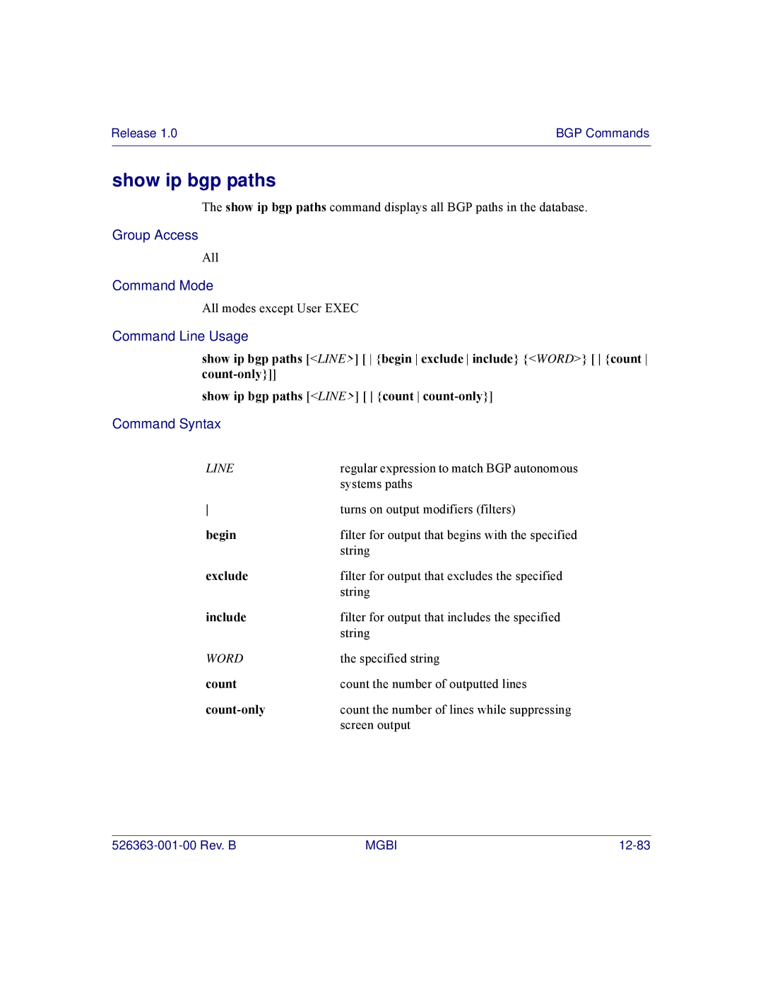 Motorola BSR 2000 manual Show ip bgp paths, Begin 