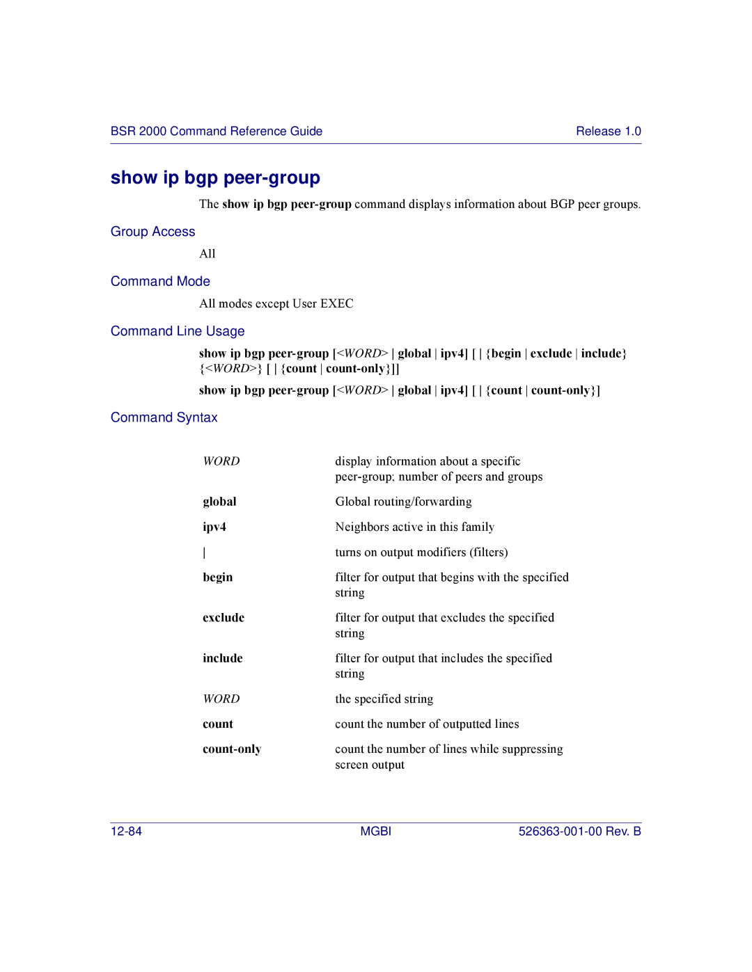 Motorola BSR 2000 manual Show ip bgp peer-group, Global 