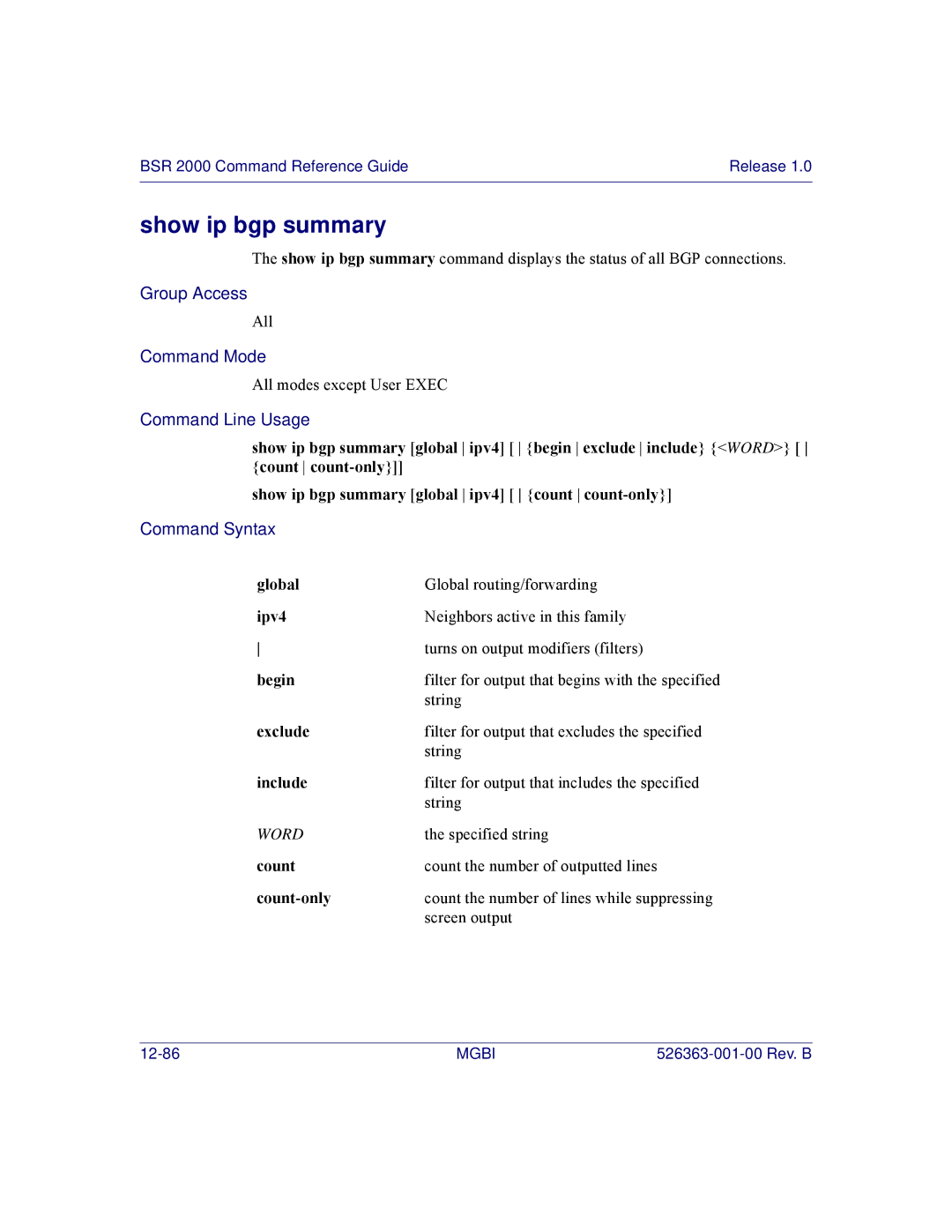 Motorola BSR 2000 manual Show ip bgp summary, Global, Ipv4 