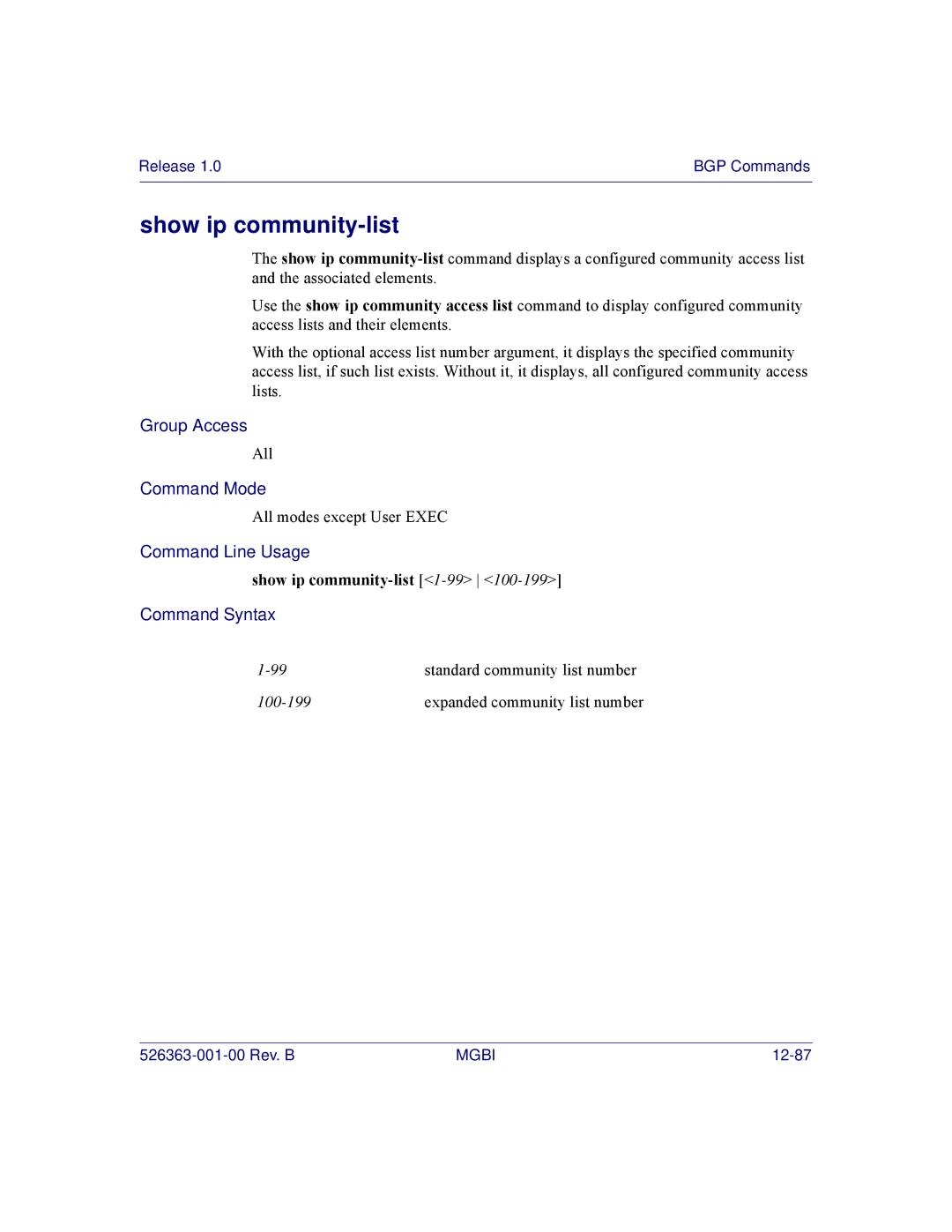 Motorola BSR 2000 manual Show ip community-list 1-99 