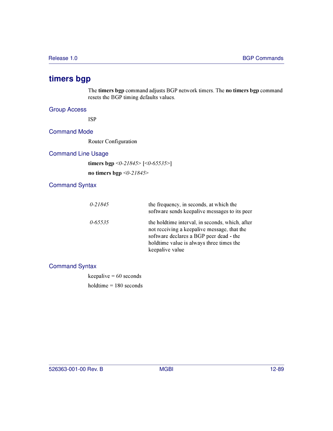 Motorola BSR 2000 manual Timers bgp, No timers bgp 