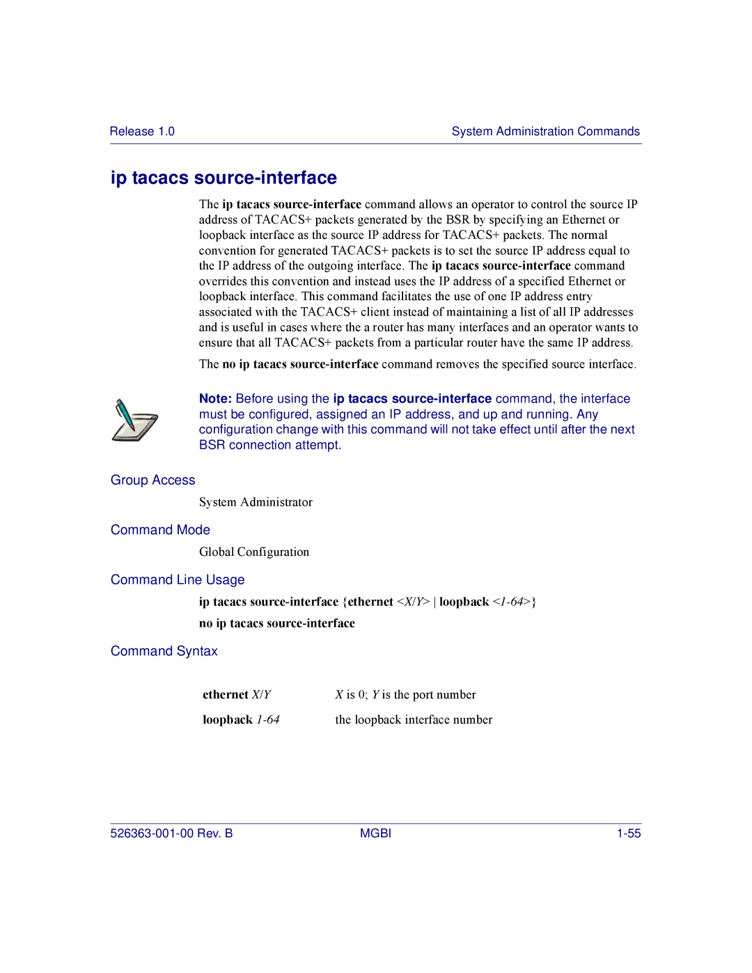 Motorola BSR 2000 manual Ip tacacs source-interface, Ethernet X / Y, Loopback 