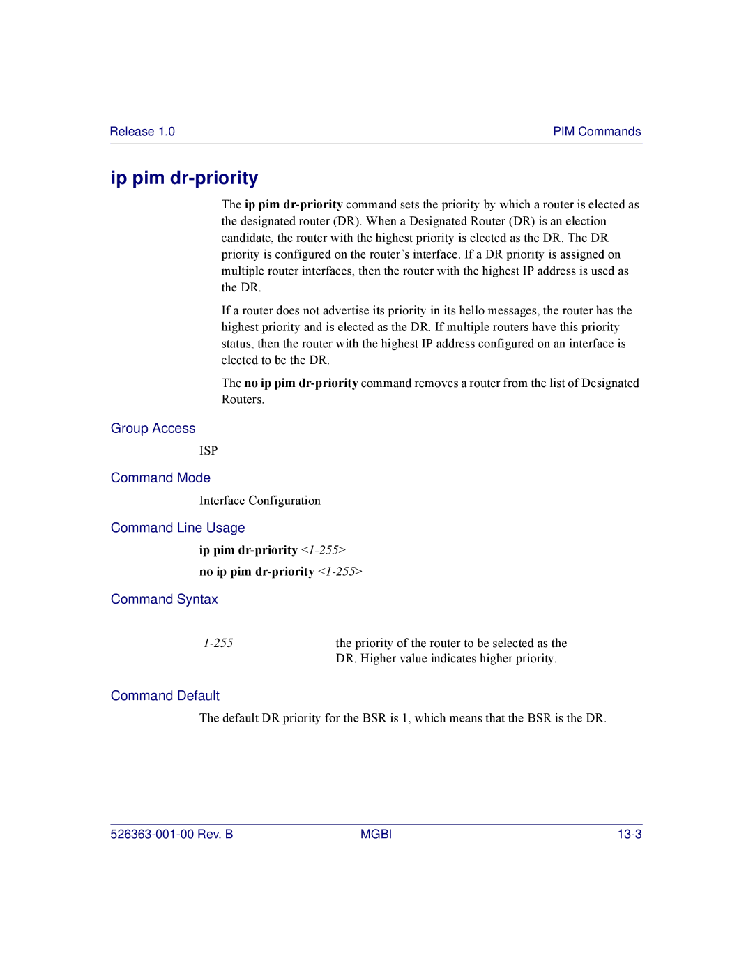 Motorola BSR 2000 manual Ip pim dr-priority 1-255no ip pim dr-priority 