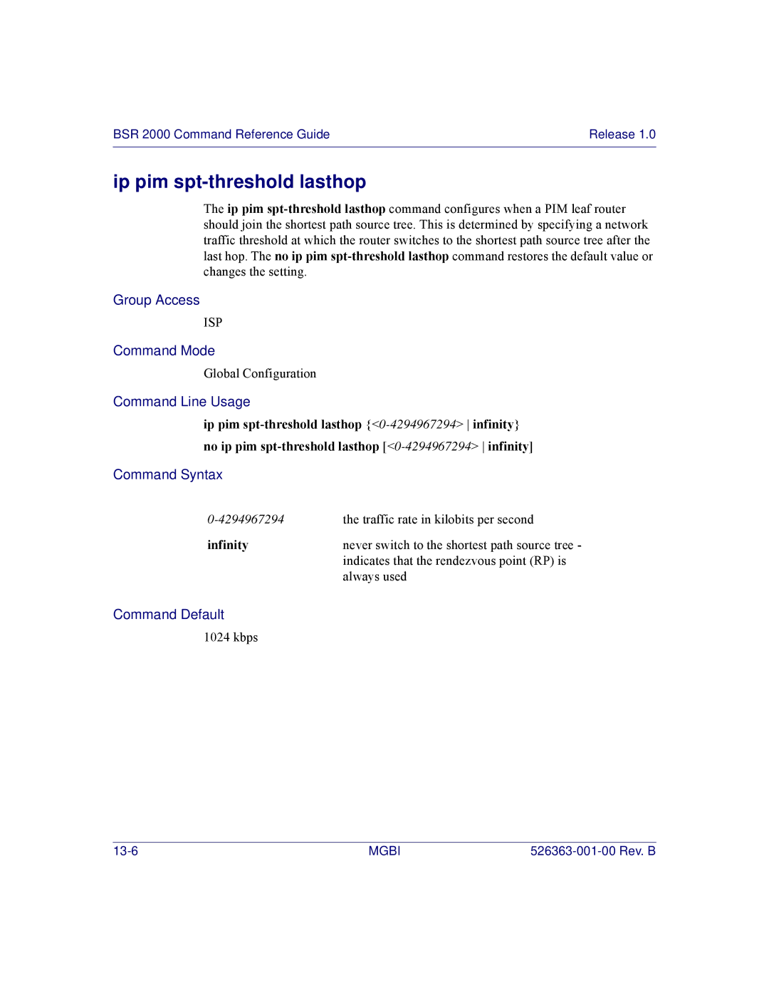 Motorola BSR 2000 manual Ip pim spt-threshold lasthop, Infinity 