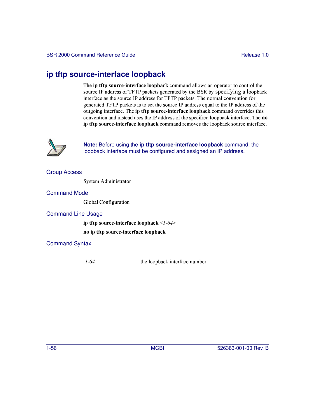 Motorola BSR 2000 manual Ip tftp source-interface loopback 