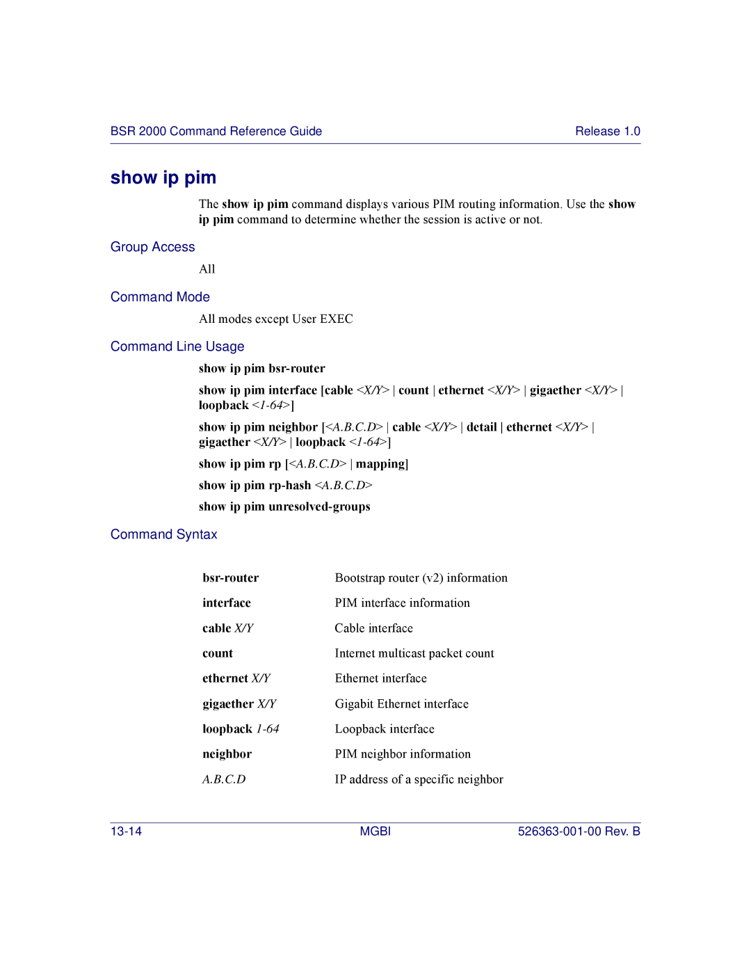 Motorola BSR 2000 manual Show ip pim, Bsr-router, Cable X/Y, Neighbor 