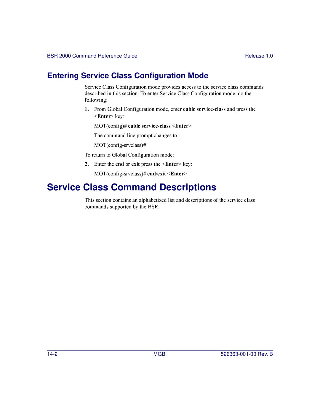 Motorola BSR 2000 manual Service Class Command Descriptions, Entering Service Class Configuration Mode 