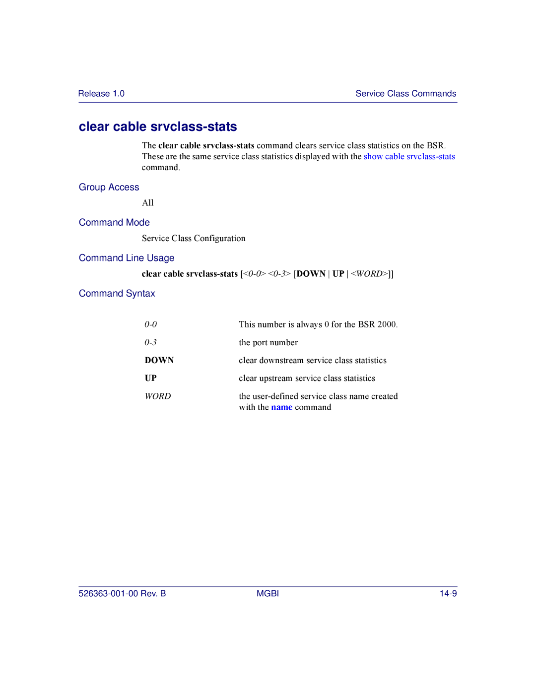 Motorola BSR 2000 manual Clear cable srvclass-stats 0-00-3 Down UP Word 