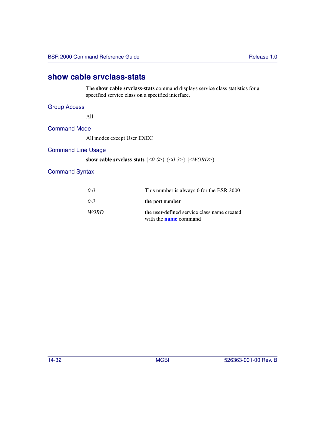 Motorola BSR 2000 manual Show cable srvclass-stats 0-00-3 Word 