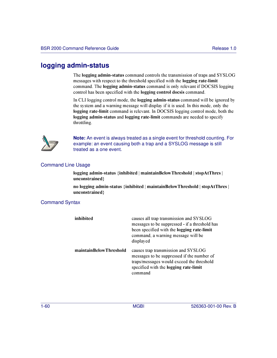 Motorola BSR 2000 manual Logging admin-status, Inhibited, MaintainBelowThreshold 