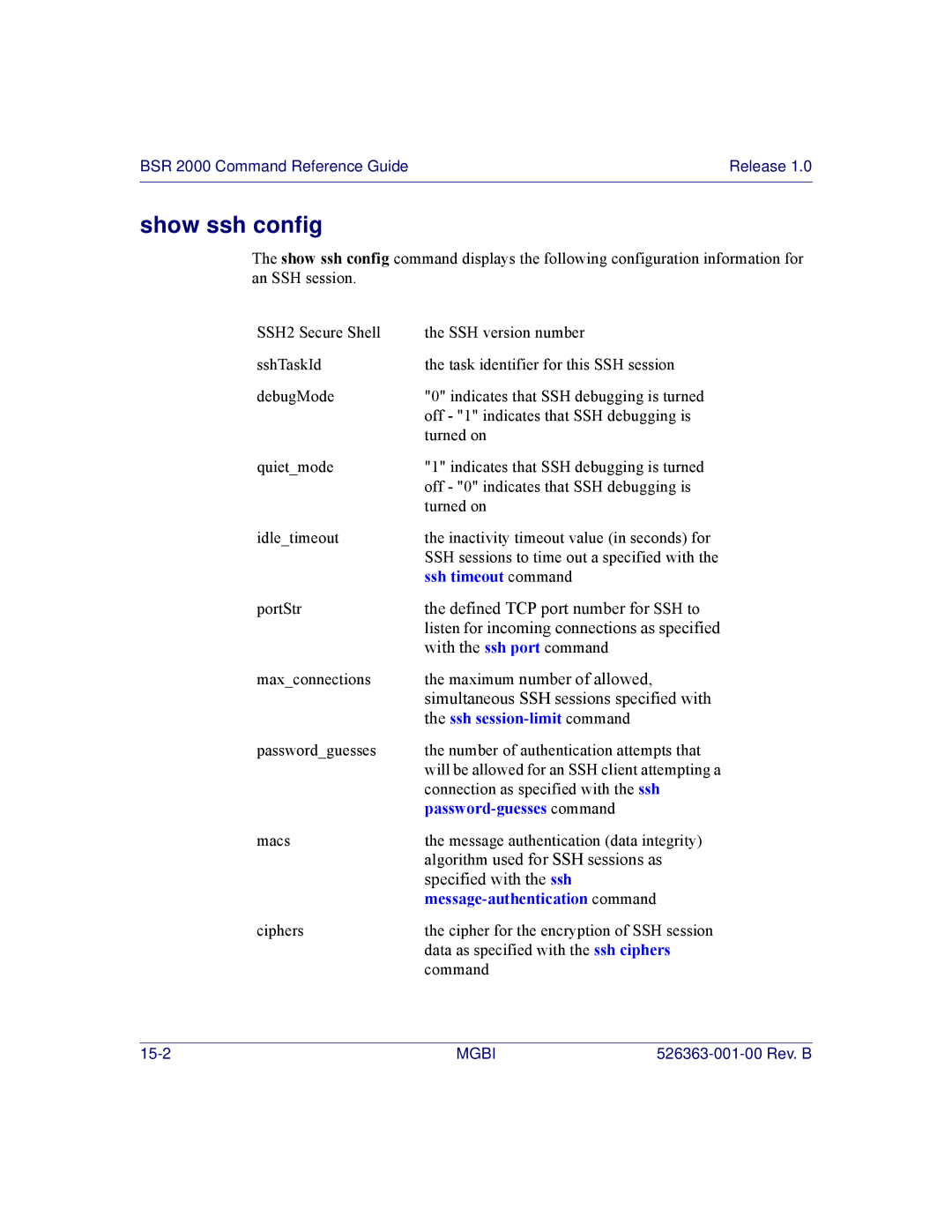 Motorola BSR 2000 manual Show ssh config, Simultaneous SSH sessions specified with 