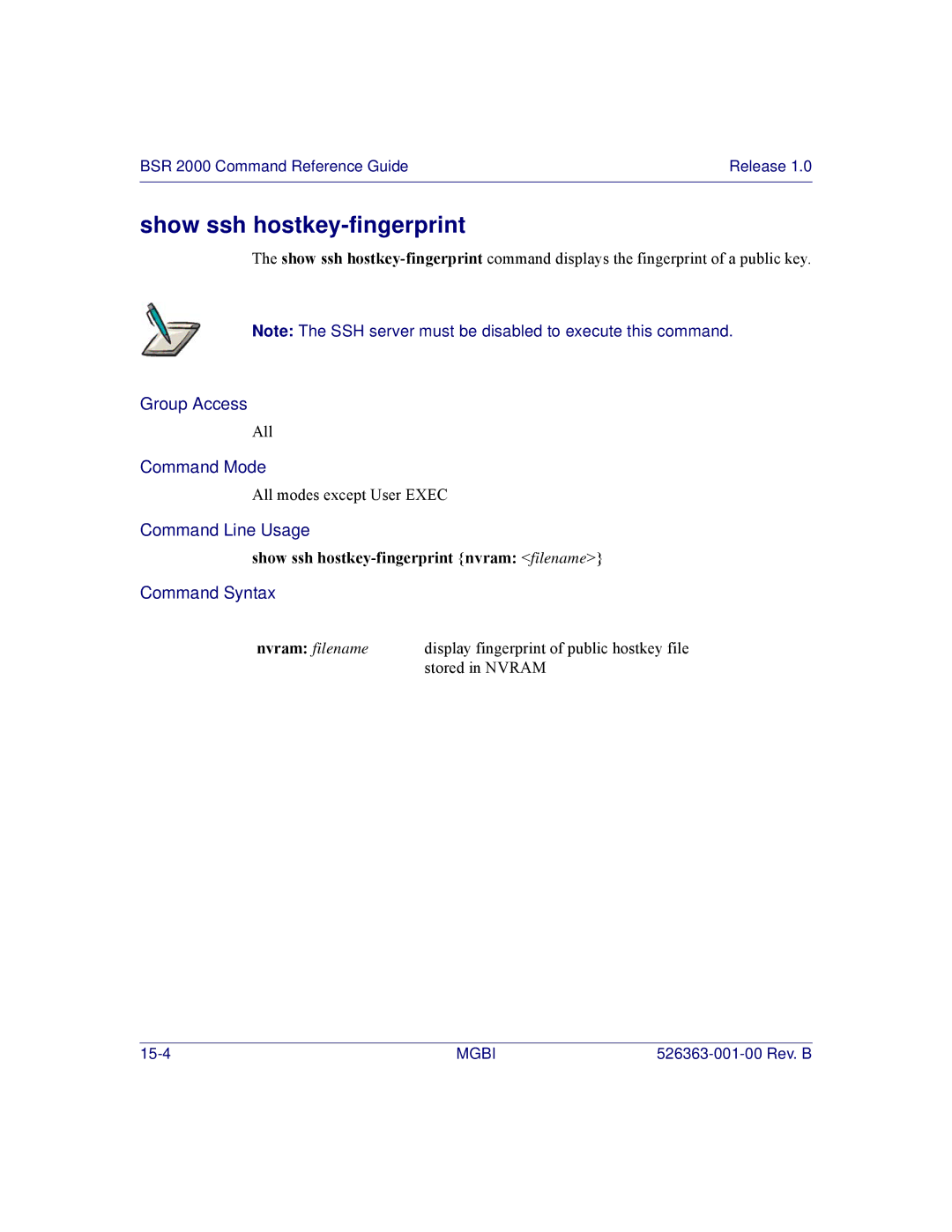 Motorola BSR 2000 manual Show ssh hostkey-fingerprint nvram filename 